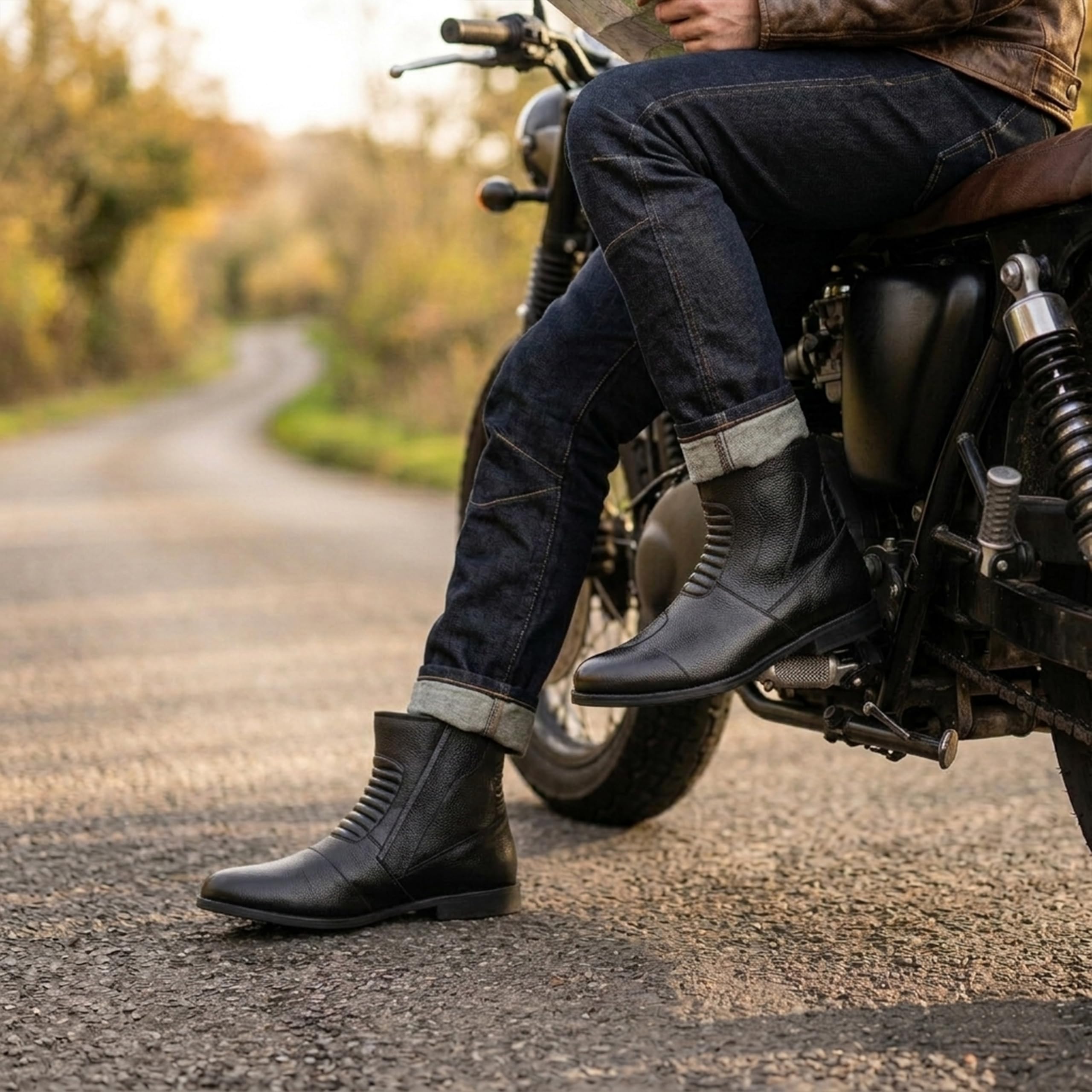 German Wear Motorradstiefel Herren aus Glattem Kalbsleder Wasserabweisende Motorradschuhe mit Seitenreißverschluss Verstärkter Fersen und Zehenbereich Rutschfester Gummisohle Schwarz