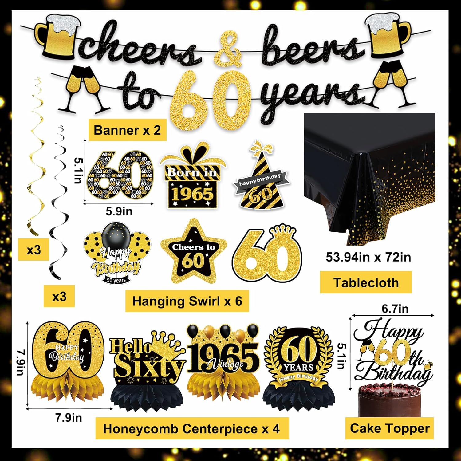 60th Birthday Decorations for Men Women,40 PCS Back in 1965 Decorations Include Cheers to 60 Banner Tablecloth Backdrop Greeting Card Swirls Sash Paper PomsPaper Poms(60th) - Image 2