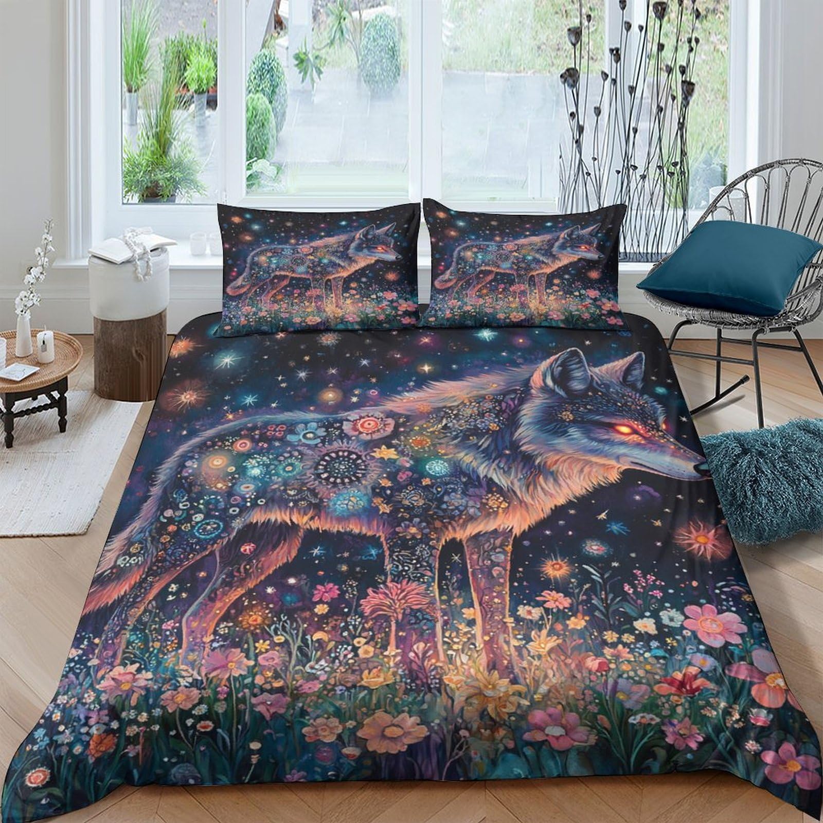 Fantasia di lupi stellati Impressione 3D 3 pz coperteletto arte digitale stile surreale fodera per edredone microfibra ipoallergenica zip per bambini uomini adulti King（220x240cm）