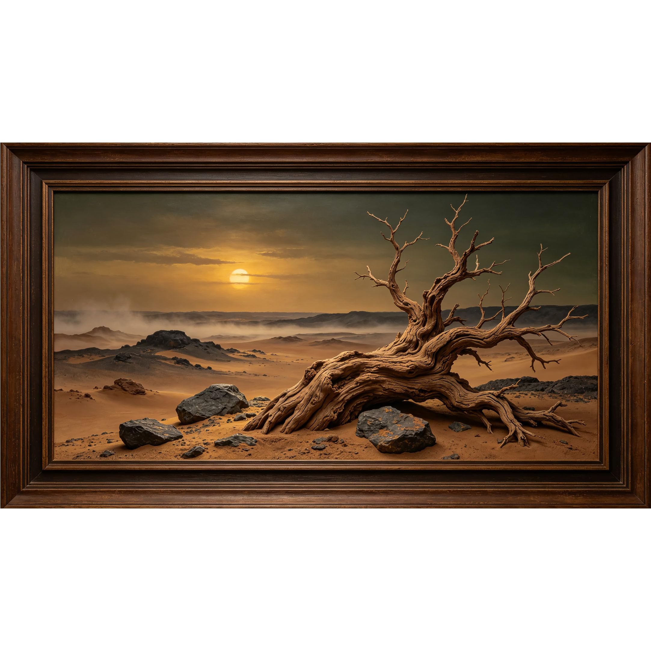 QZLITHOTIC 50x90cm3D Framed Wall Art， Desert Sunset Landscape with Dry Tree and Rocky Sand Dunes Self‑Adhesive Mural， Water‑Activated Peel & Stick Fabric Decor Wall Decal for Bedroom Living Room