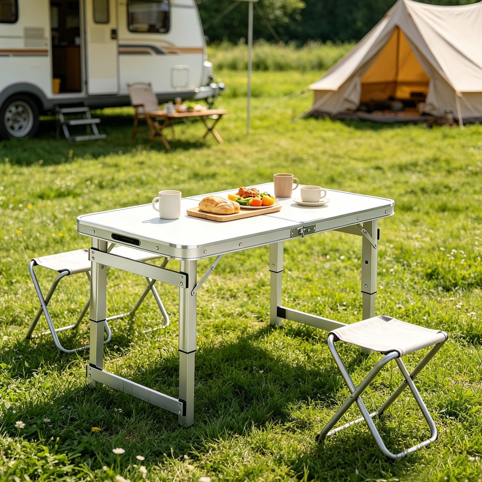 Stół kempingowy na zewnątrz z wbudowanym uchwytem Wytrzymałe składane stoły aluminiowe Przenośny stół piknikowy składany na pół na rynek grillowy w obozie(biały,100cm)