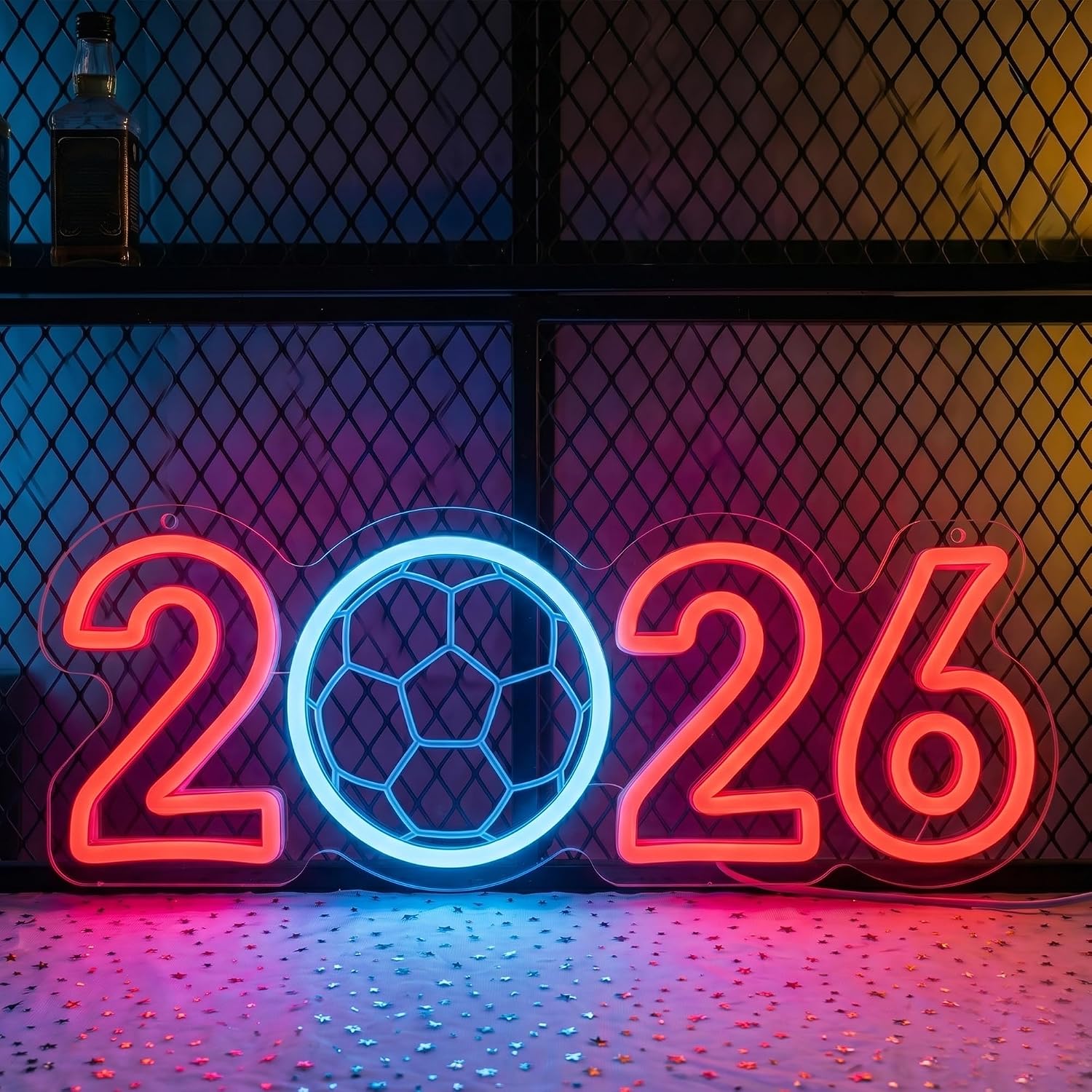 5-Level Dimmable 2026 Soccer Neon Sign - Red & Blue LED Football Wall Decor with Adjustable Brightness for Teen Room, 5V USB Powered Sports Light Up Sign with Hooks & Chain - Global Football Fan Gifts