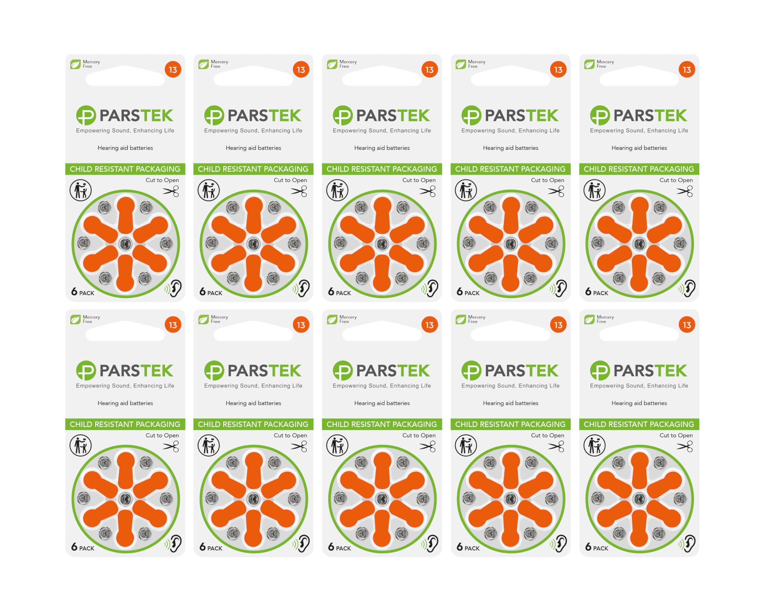 ParsTek Hearing Aid Batteries | Size 13 | Zinc-Air & Mercury Free | Long Lasting | Child Resistant Packaging | 1.45V | 60 Batteries