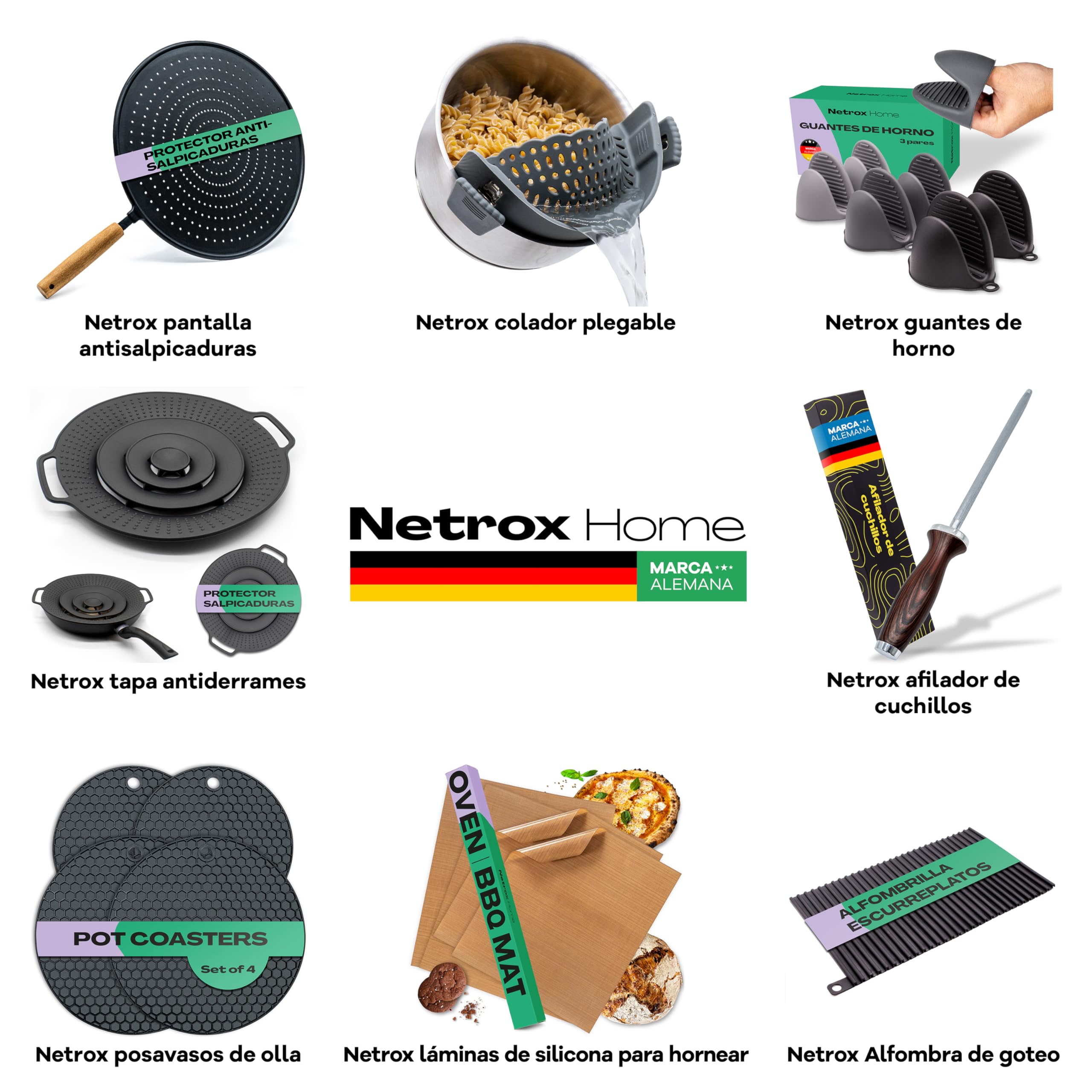 NetroxHome® - Papel de Horno Reutilizable y Salvamanteles (Set de 8) para Horno y Grill - Resistente al Calor y Antiadherente - 100% Respetuoso con los Alimentos - Rejilla para Grill (36x42 cm)