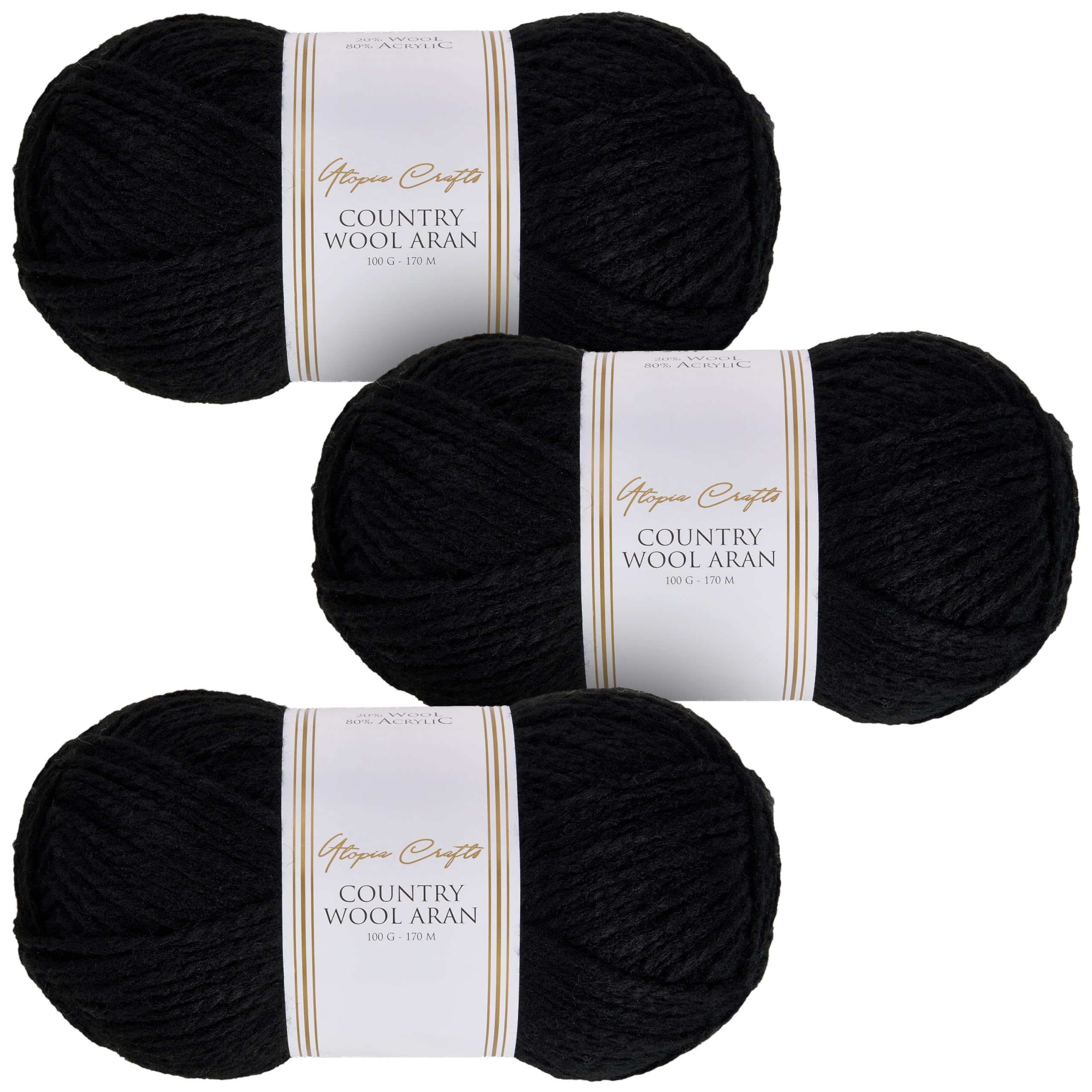 Utopia Crafts Country Wool Blend Aran Yarn for Knitting and Crochet 3X 100g (Black)