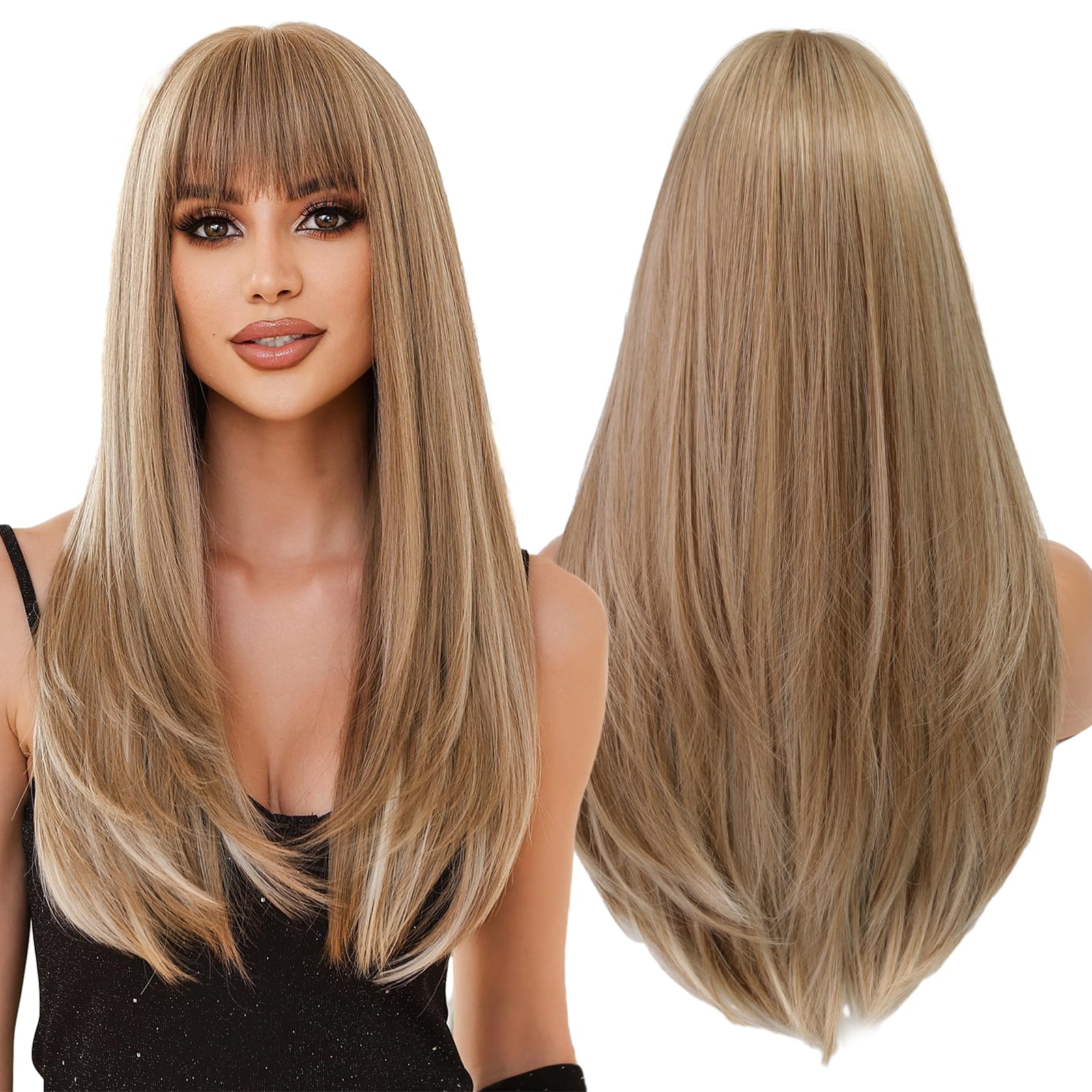 WOKESTAR Blonde Wigs for Women Layered Straight Long Wig with Fringe, Chocolate Blonde, 26 inch