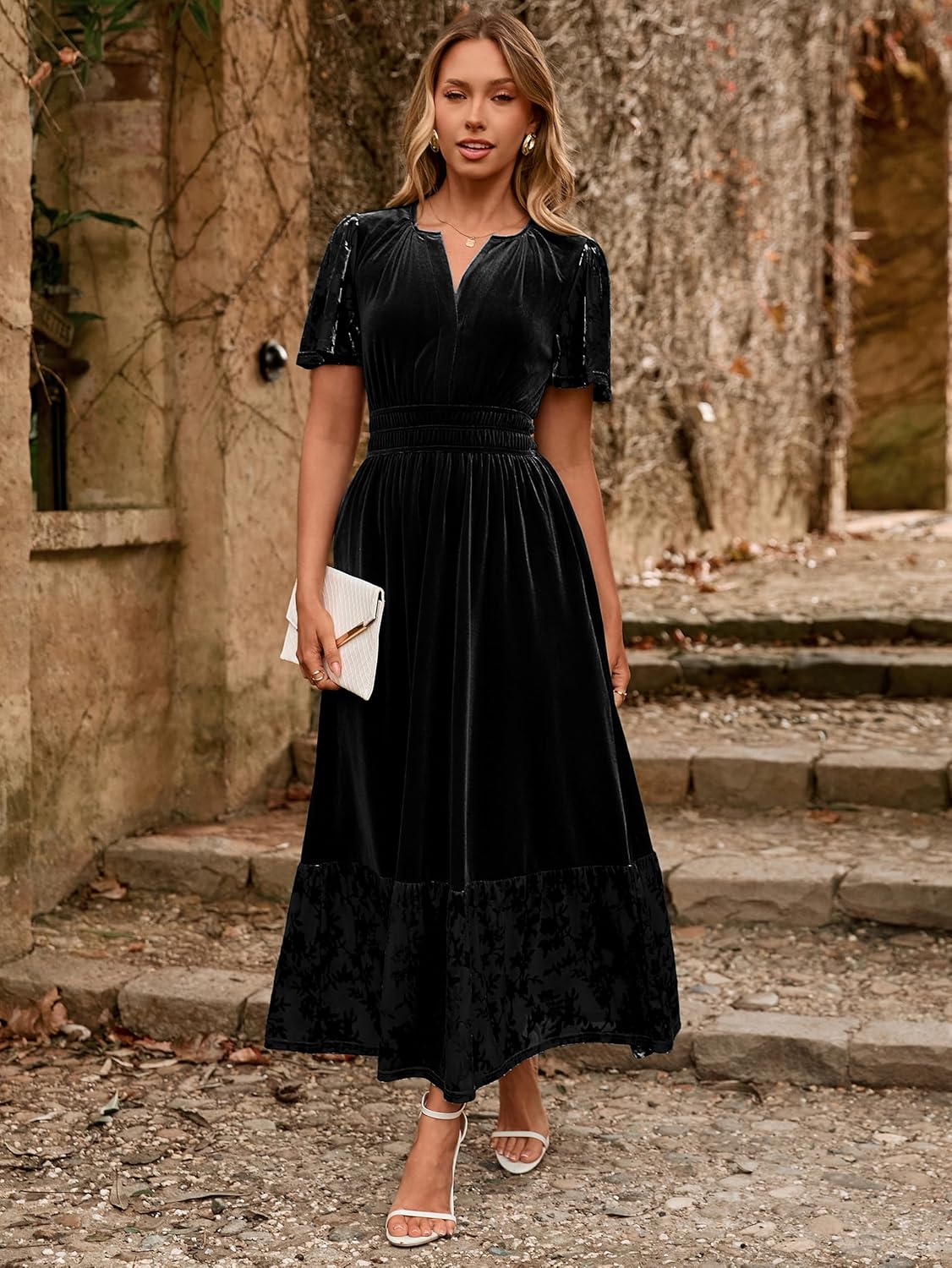 Simplee Women's Formal Velvet Maxi Dress Fall Winter V Neck Floral Short Sleeve Empire Waist Wedding Guest Dresses - Image 2