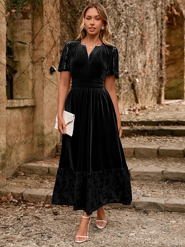 Simplee Women's Formal Velvet Maxi Dress Fall Winter V Neck Floral Short Sleeve Elastic Empire Waist A Line Flowy Dresses Black L by Simplee - Used condition - Image 2