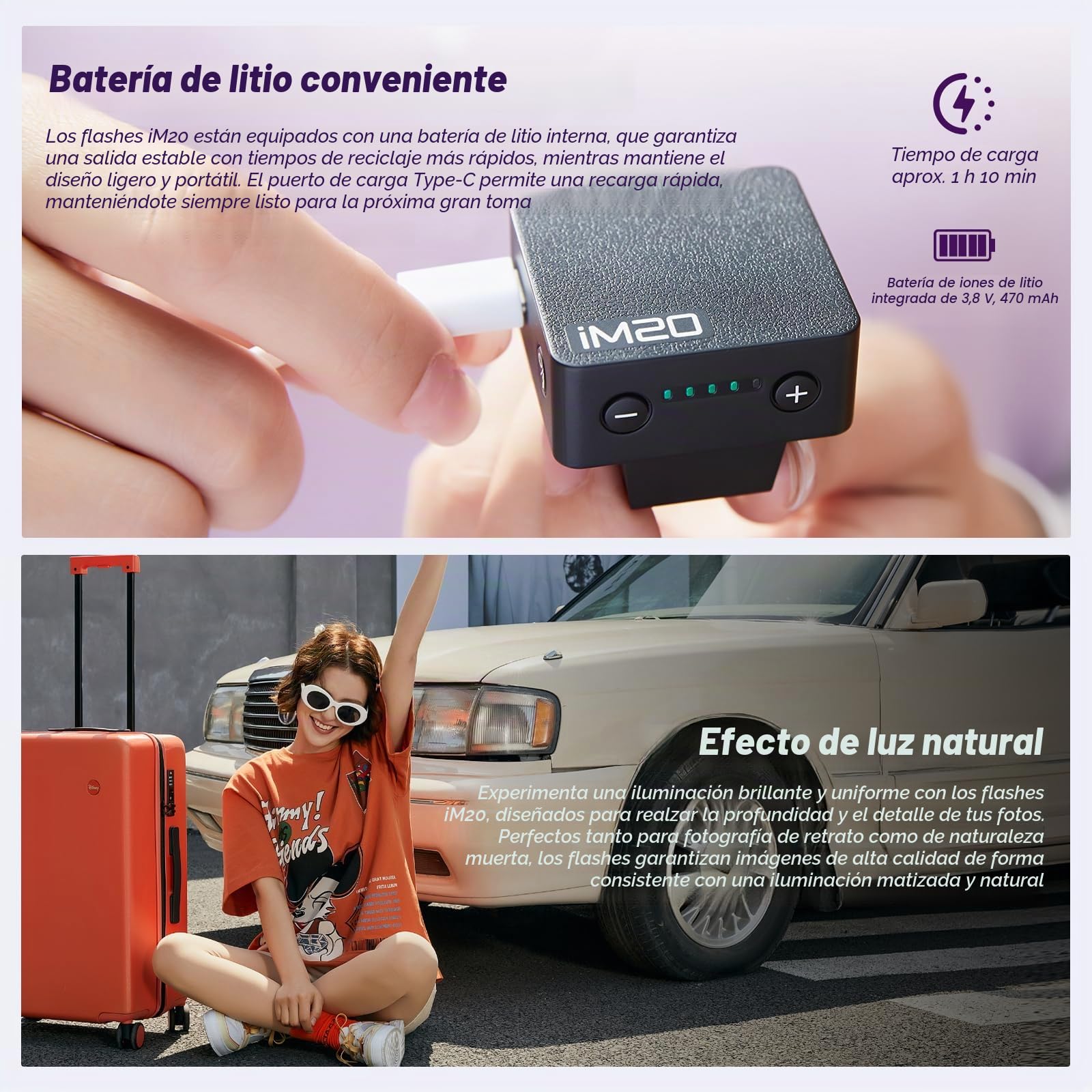 GODOX Mini Flash de cámara iM20, 5 Niveles de Potencia, Mini Flash de 6000 K ± 200 K con cúpula de difusión