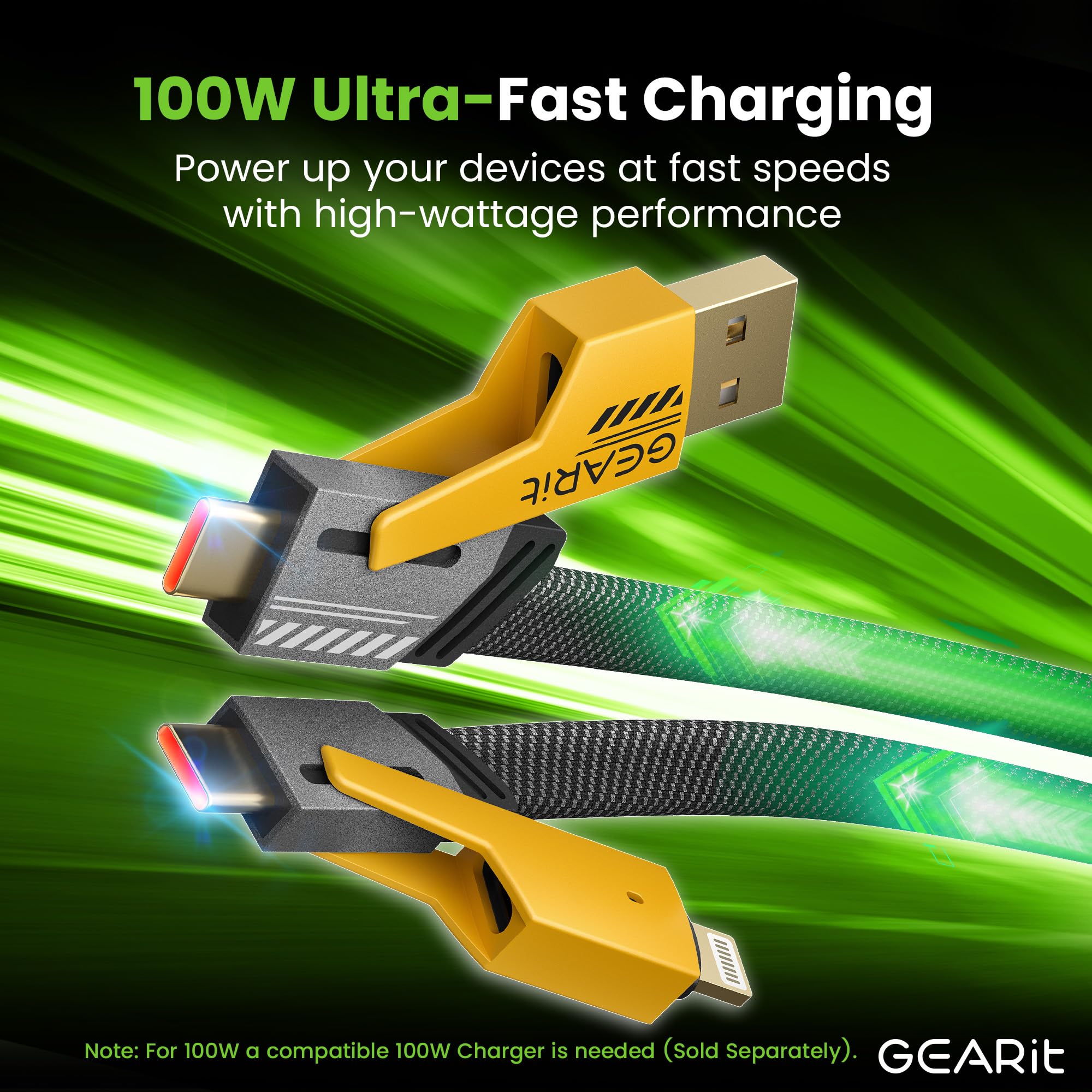 GEARit Câble de charge 4 en 1 100 W – Câble plat USB-C vers USB-C à charge rapide avec connecteurs USB-A et Lightning – Cordon universel multi-appareils – Compatible avec iPhone, MacBook Pro, 1 m