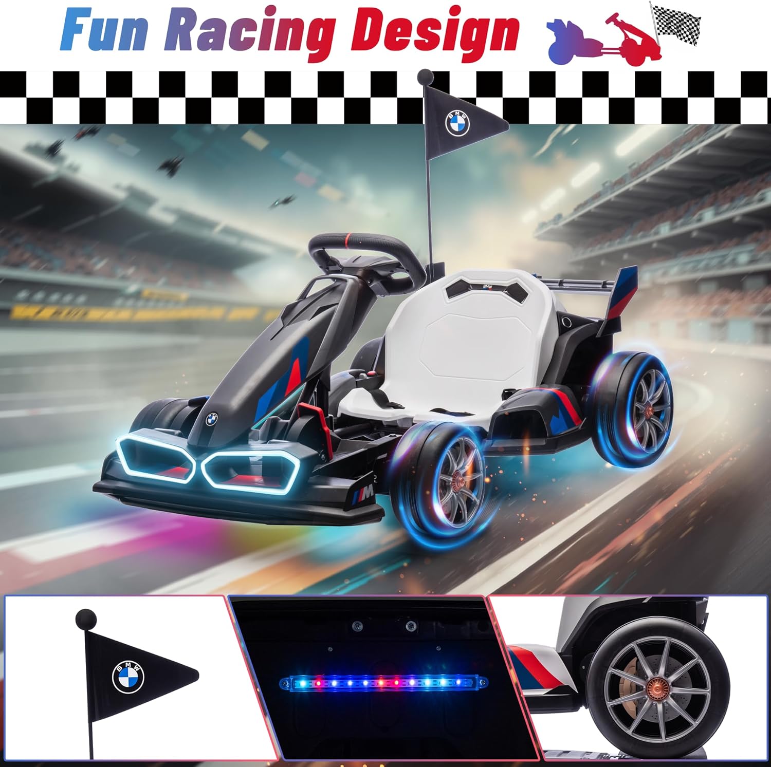 Wanan 36V Electric Go Kart with Adjustable Seat, Licensed BMW Drift Kart with Dual 2 x 300W Motors, Crazy Go Cart for Kids Ages 6-12, Cool LED Lights, Drift Mode and 2 Speeds (Grey)