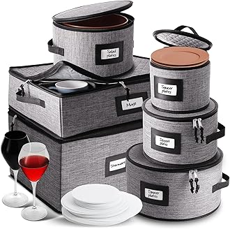 China Storage Containers, 4-Pc. Set – Hard Shell, Stackable Holders for Plate, Cup, Flatware, Stemware, & Platter Sets – Padded Dinnerware & Dish Cases with Dividers, Handles, & Zippers by StorageBud