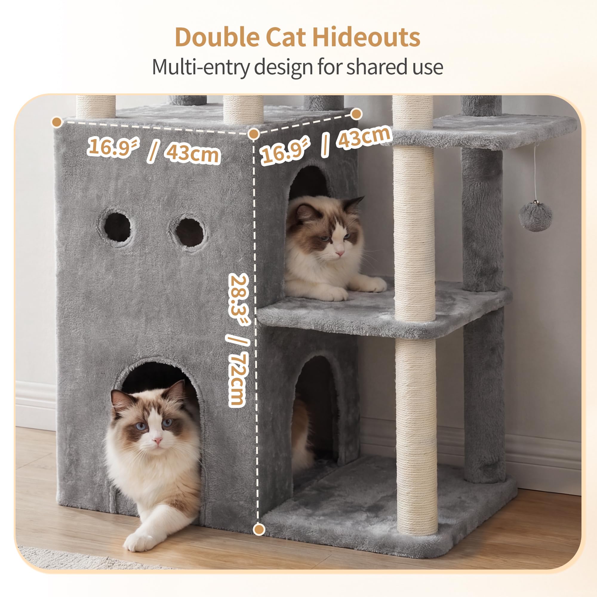 Heybly Árbol para Gatos 177 cm con 2 Plataformas Cesta Hamaca Cueva | 2 plataformas superiores,cueva doble,pelota y ratón de juguete,felpa suave,postes de sisal,para interior, Gris Claro HCT065W