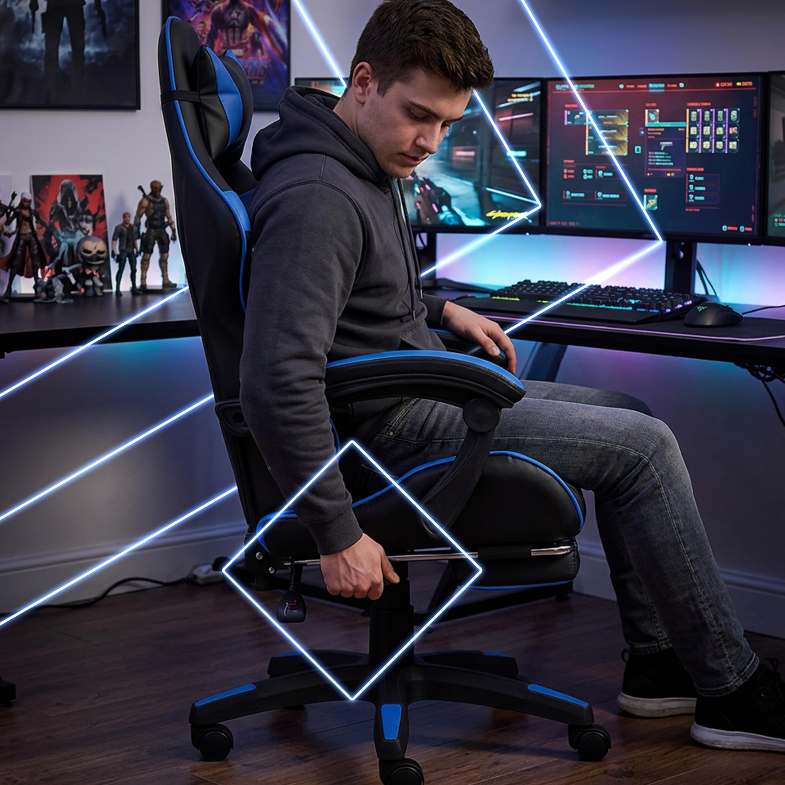 Retoo Fotel gamingowy, ergonomiczny fotel gamingowy – krzesło biurowe z podnóżkiem, regulowane oparcie, poduszka pod głowę, poduszka lędźwiowa, regulacja wysokości, sztuczna skóra, krzesło obrotowe