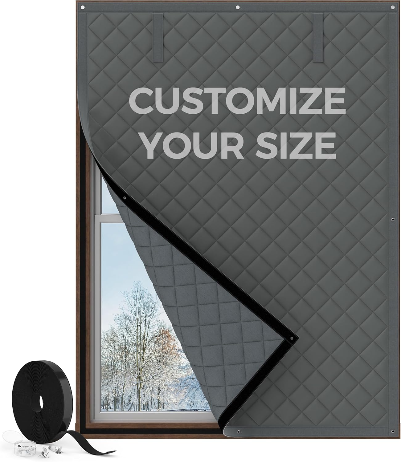 Augblinds Customized Window Insulation for Winter, Thermal Insulated Window Cover Oxford Cloth Thicken Cotton Fiber and Loop Strips Kit for Window Winterize