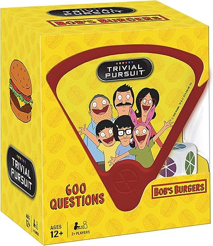 USAOPOLY Trivial Pursuit Bob's Burgers (Edición Quickplay) | Preguntas de juego de trivia de Bob's Burgers | 600 preguntas y muere en un contenedor