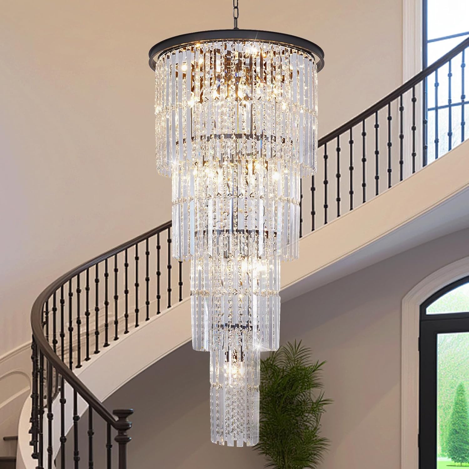 Modern Crystal Entryway Chandelier for High Ceilings, Statement Light Fixture with 23 Lights, Tall Ceiling Chandelier for Foyer and Open Living Spaces