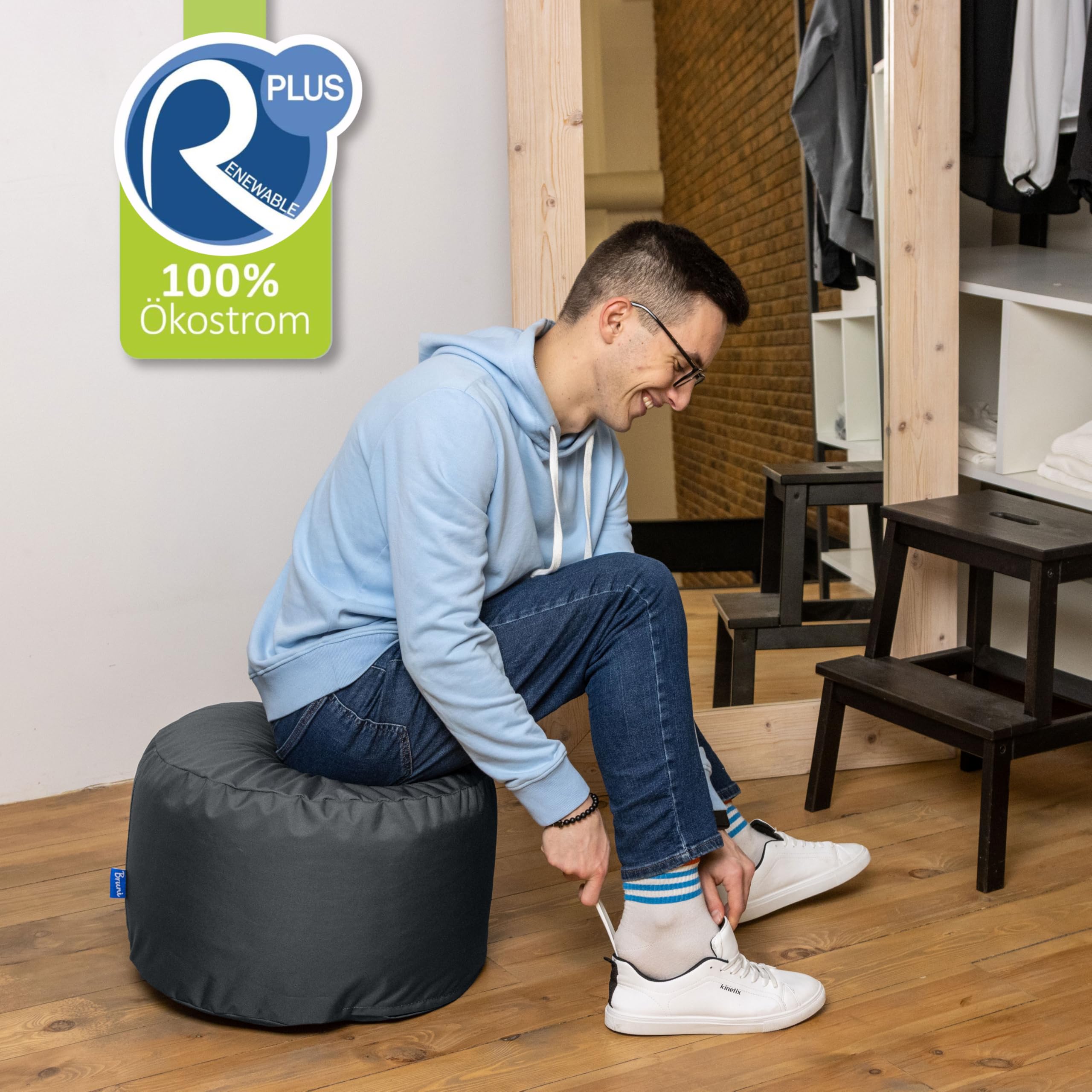 Bruni Pouf Sitzhocker L in Grau – runder Sitzpouf, Indoor und Outdoor als Fußhocker, Yoga-Sitzkissen, Meditationskissen geeignet, in Deutschland gefertigt