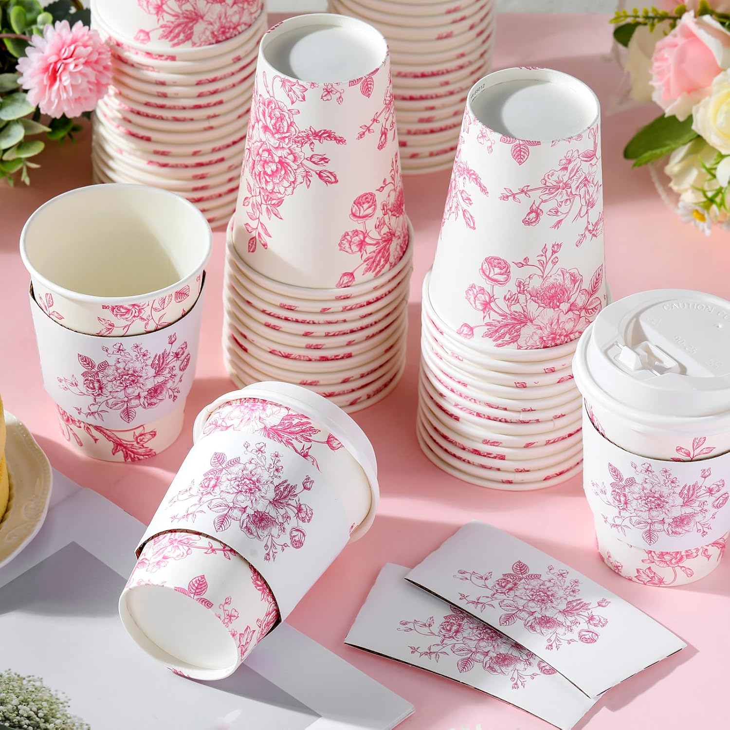 Vesici 60pcs 14oz Pink Disposable Coffee Cups with Lids and Sleeves Botanical Floral Coffee Cups Pink Toilet Paper Cup for Spring Summer Birthday Weddings Bridal Shower Tea Party Supplies