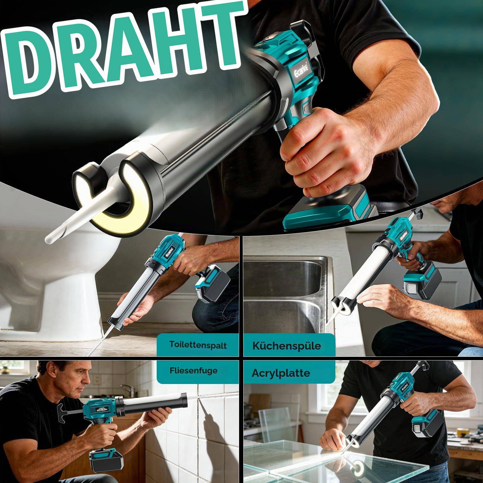 Ecarke Akku-Kartuschenpresse kompatibel mit Makita 18V Akku, 300 ml | Bürstenloser Motor, 6 Drehzahlstufen mit LED, für 300-ml-Kartuschen, ideal für Renovierung und Haushalt, ohne Akku
