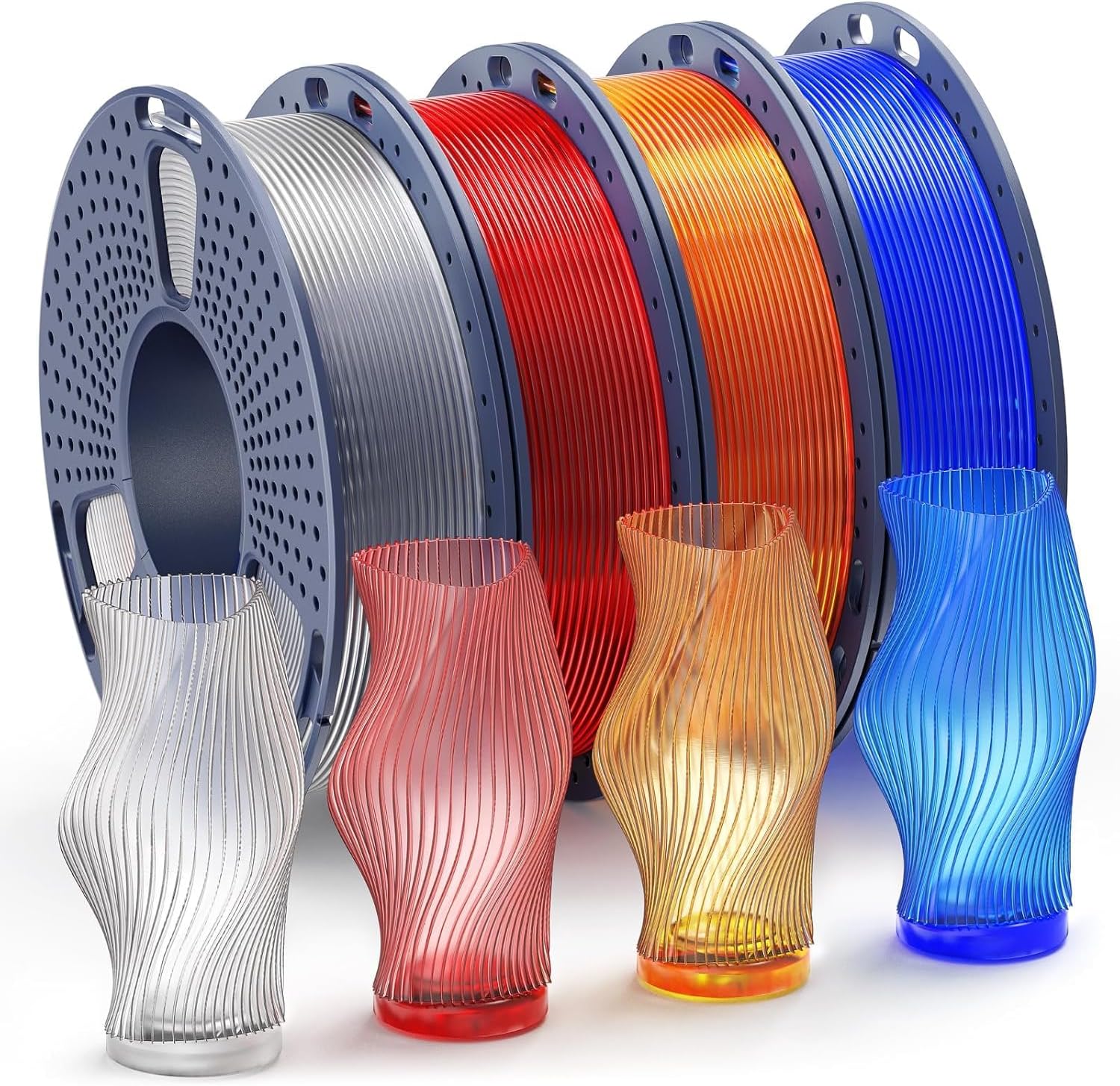 10KG PLA Filament PETG 3D Filament 1.75mm for 3D Printer Filament Bundle Mixed Colors FDM Printing Material Color: Vacuum Packed, 250g Spool, 4 Rolls, Clear+Red+Orange+Blue