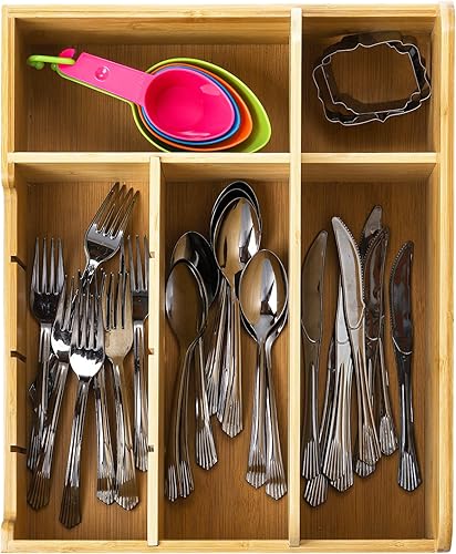 Miniatura 3 de Frcctre Organizador de utensilios de bambú para encimera, 8 compartimentos, soporte para platos de papel, soporte ajustable para utensilios,