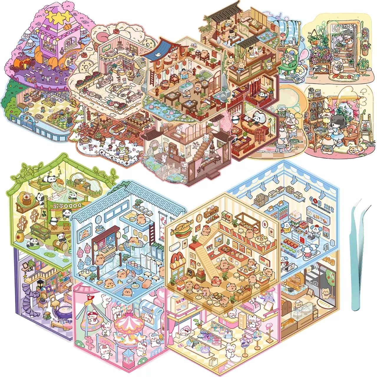 20 Sets 3D Sticker Scene Book– Miniature Scene StickerTherapy,Intricate PET Designs for Stress Relief, with Tweezers,DIY Crafts, Journaling and Scrapbooking Reusable DIY Sticker Gift for Age 3+
