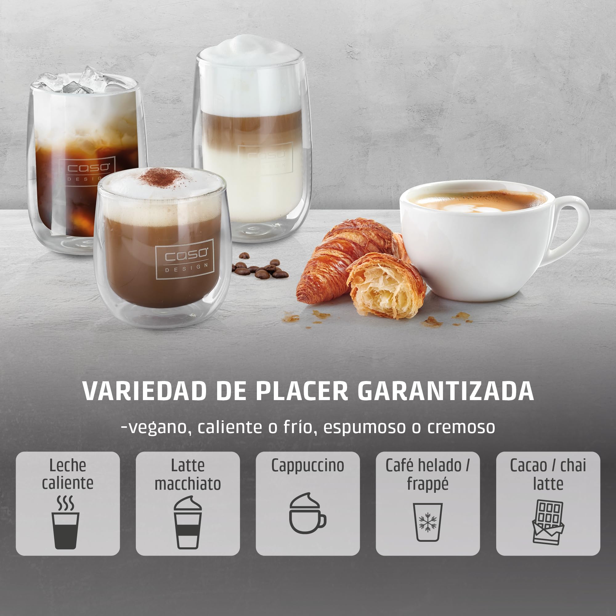CASO CappuLatte - Espumador de leche eléctrico, espuma cremosa, espumador de leche caliente y frío, cacao, chocolate caliente, recipiente de vidrio extraíble, apto para lavavajillas, 5 funciones