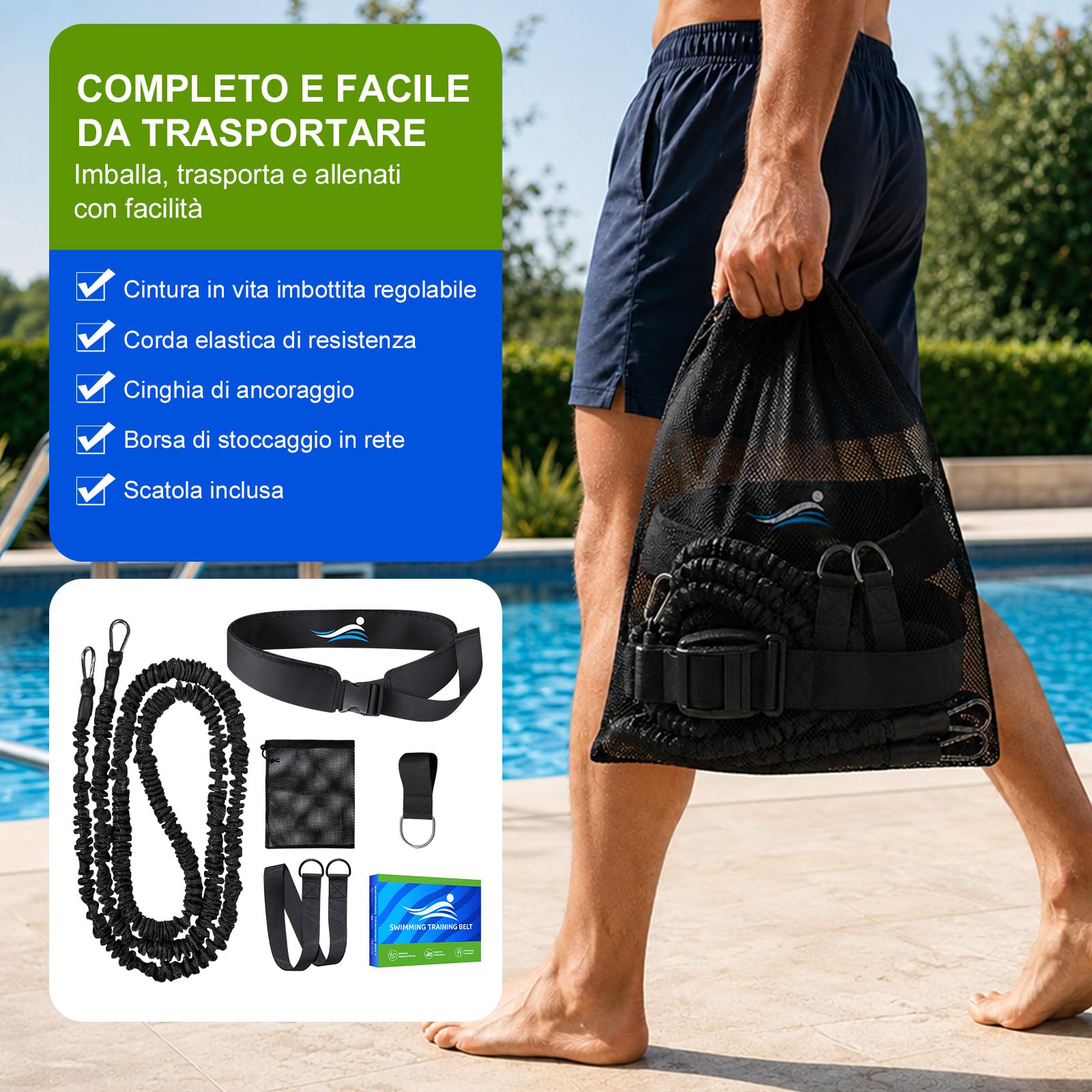 Guinzaglio da nuoto per piscina, cintura per allenamento di nuoto, guinzaglio per nuoto, nuoto fisso, regolabile da 2,5 a 7,5 m