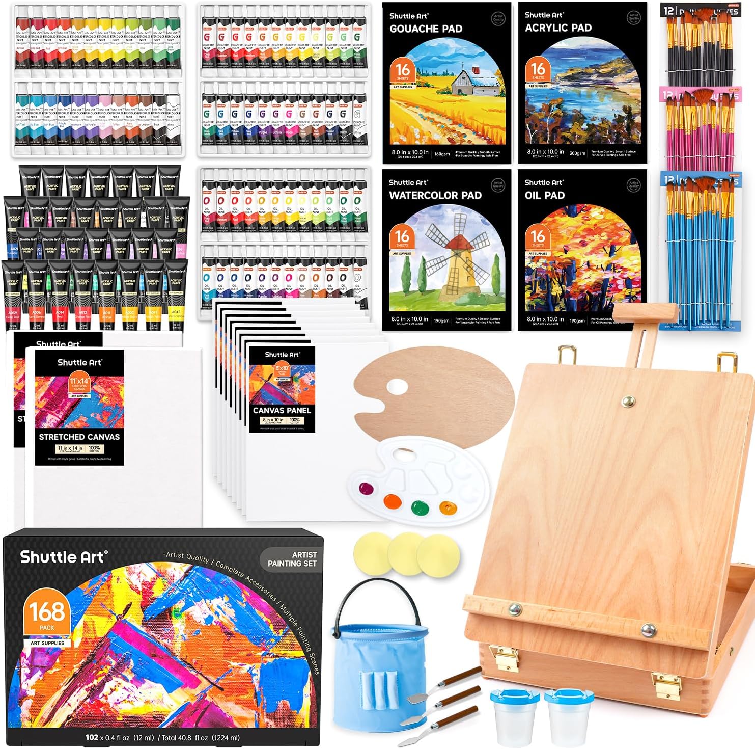 Shuttle Art 168 Pcs Artist Painting Kit, Deluxe Art Kit with Paint, Wooden Easel, Canvases, Paper Pads, Brushes and Other Art Supplies for Adults, Kids and Artists