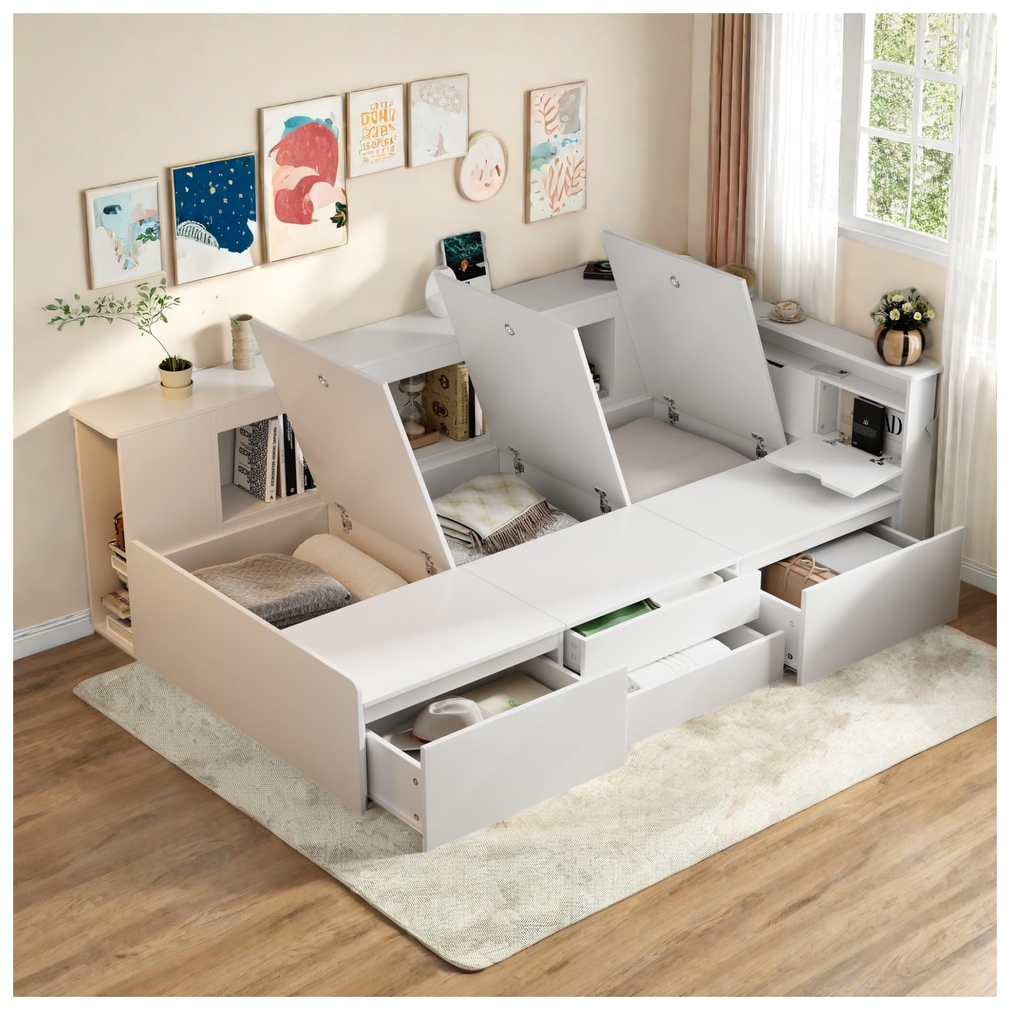 Cama para niños, 90 x 200 cm, con cajones y estantería, debajo de la cama con contenedor, multifuncional, individual, de madera, sin colchón, blanco