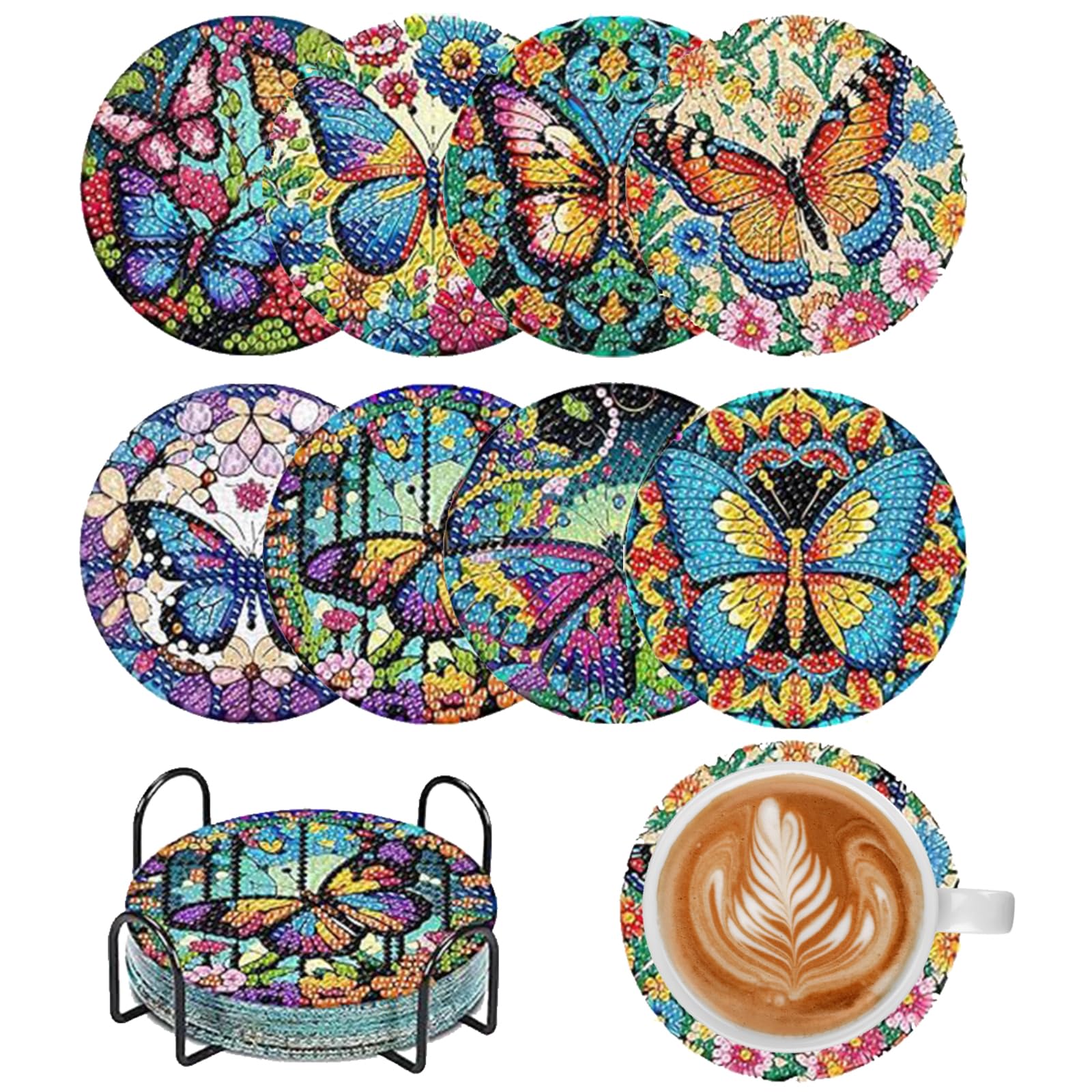8 Pcs Diamond Painting Coasters with Holder Full Drill 5D DIY Craft Kits for Adults Beginners Kids Home Decor Crystal Art Coasters Sets (Butterfly)