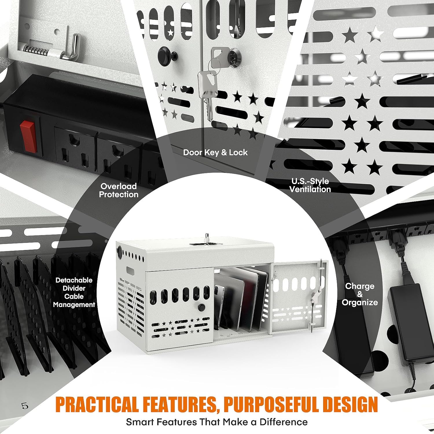 12-Device Charging Cabinet -Lockable Charging Station for iPad, Chromebook,Laptop&Tablet- American Style Charging Cabinet with Cord Management Ideal for Classrooms & Offices (Grayish White)