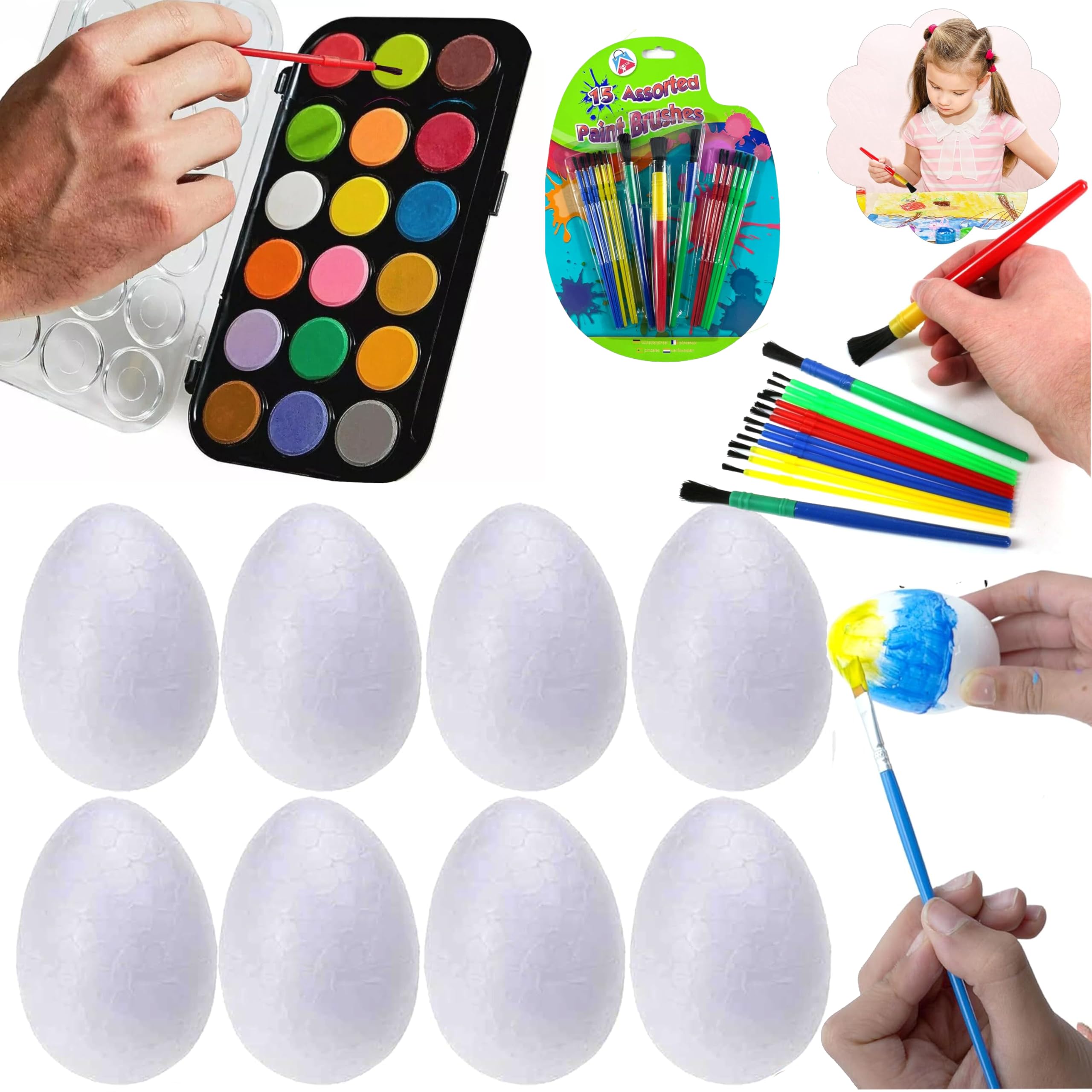 HOVUK 25PCs White Polystyrene Eggs with Paint Brush and Paint Palette - Easter Styrofoam Eggs Foam Balls for Easter Crafts and Displays, Decoration, Staining or Painting