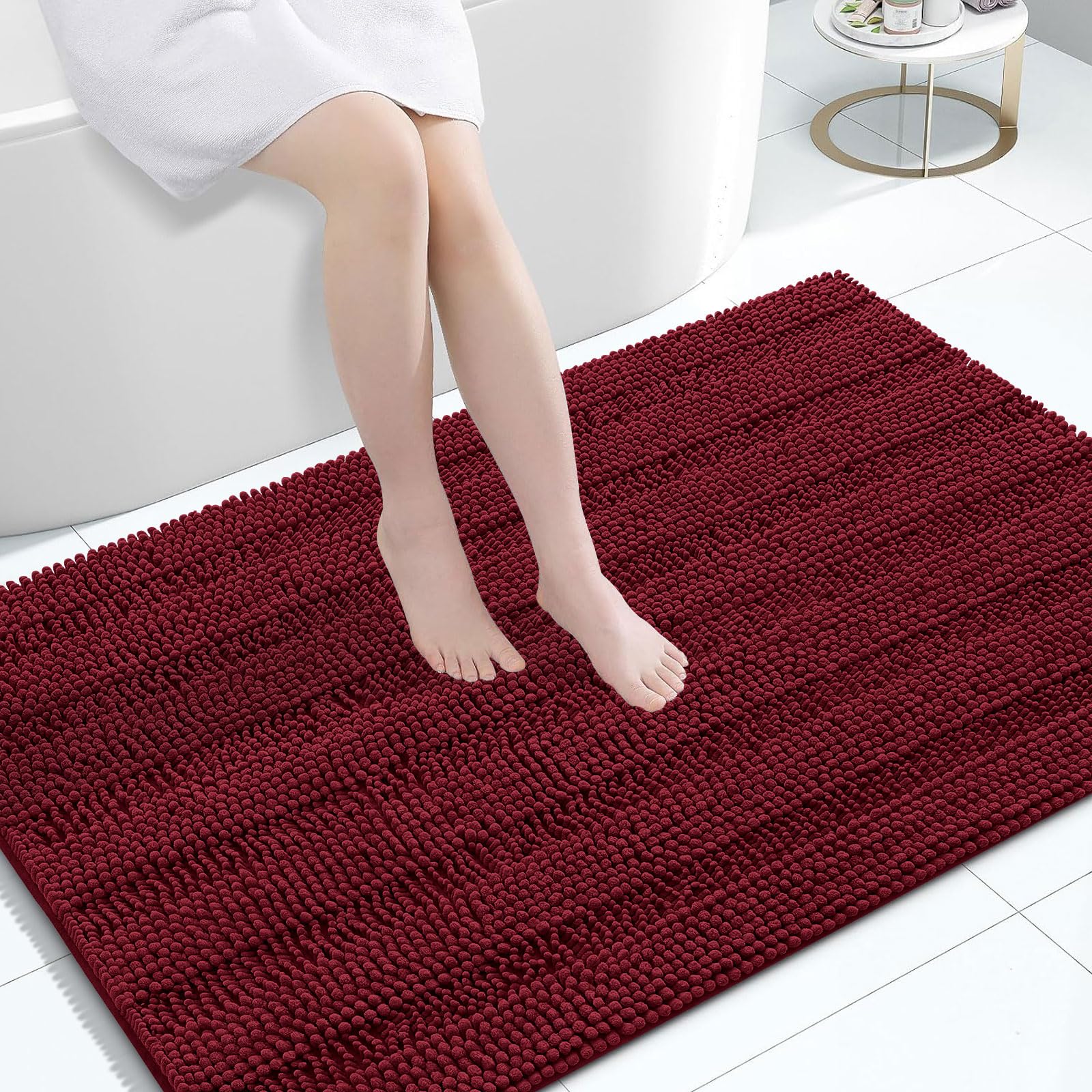Grandaily Chenille Bathroom Rugs 47x32, Soft Absorbent Bath Mats, Burgundy