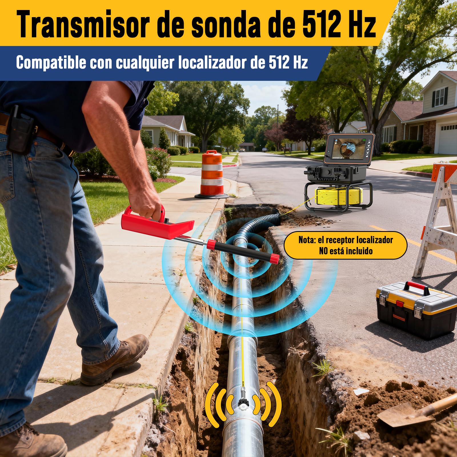 Cámara de Inspección de Tuberías con Sonda 512Hz Y Auto-Nivelación 1080P, Cable de 50M con Marcadores, Pantalla IPS HD de Nueve Pulgadas, 32GB DVR, Batería 5100mAh, IP68 Impermeable