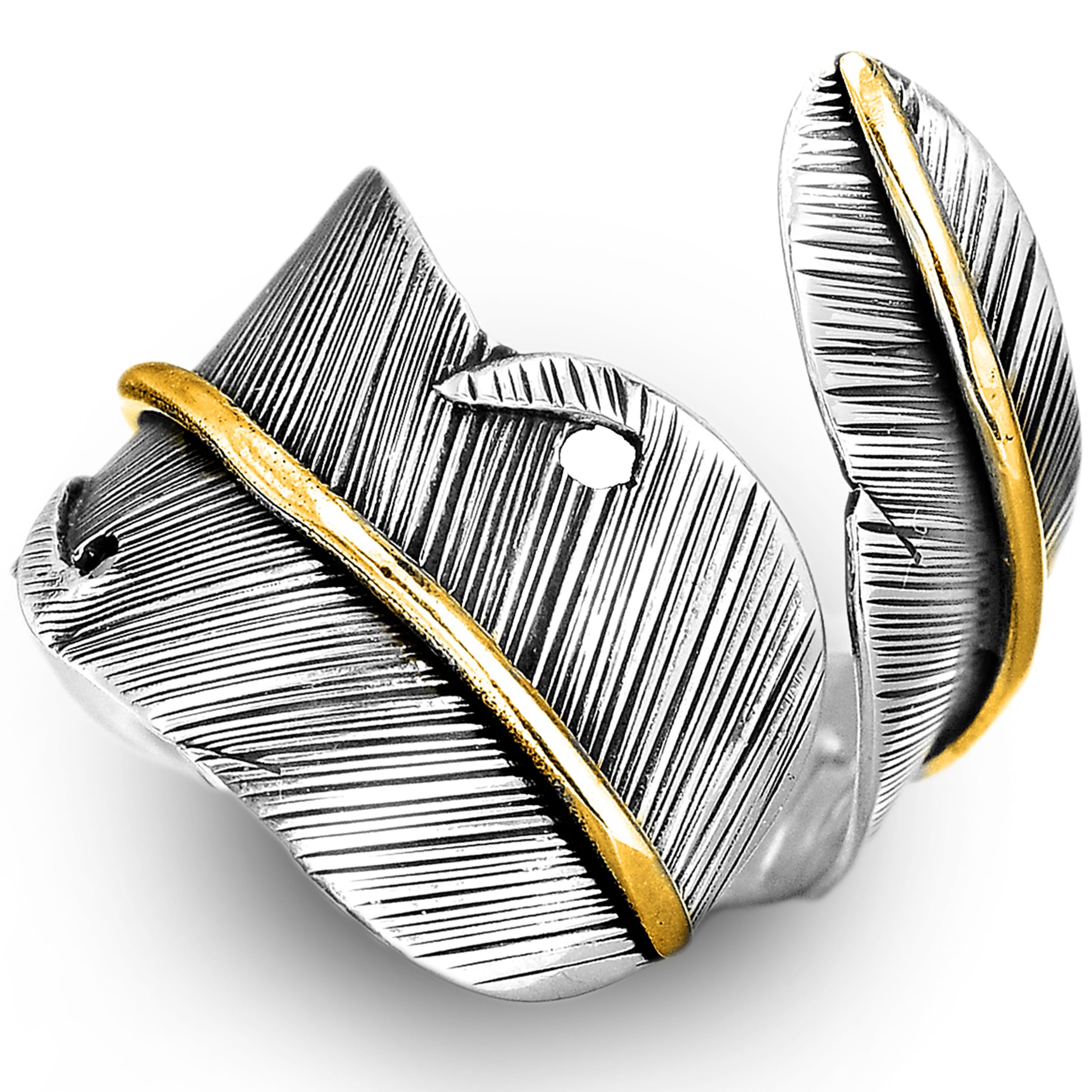 925 Sterling Silver and Brass Feather Ring for Women – Adjustable Nature-Inspired Leaf Wrap, Handmade Two-Tone Wide Band Statement Ring – Fits Sizes 7 to 10 – Modern Jewelry