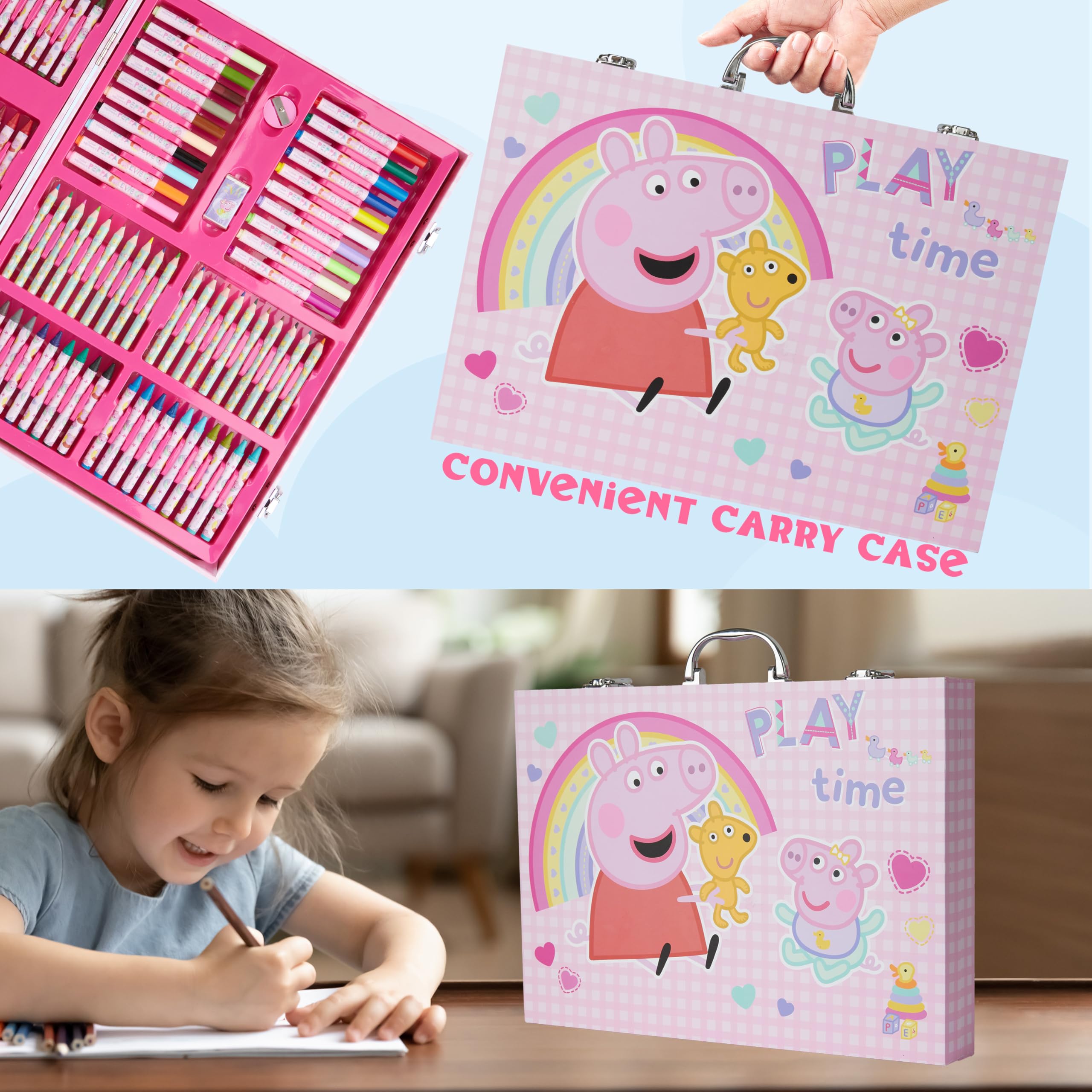 Peppa Pig Maletin Pinturas para Niños con Más de 130 Piezas, Set de Pintura, Lápices, Ceras, Rotuladores, Pegatinas y Hojas para Colorear, Regalo Niña