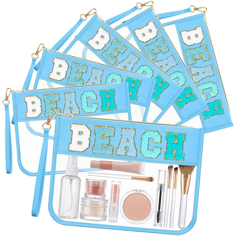Kacctyen Pacote com 6 necessaires transparentes de PVC e nylon com letras de chenille, zíper e alça, Azul Beach