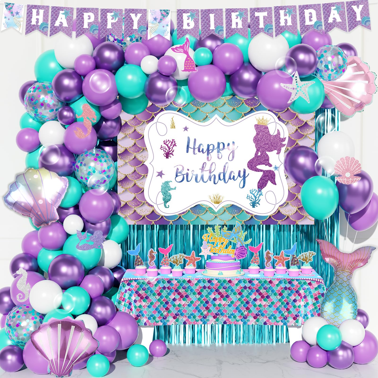 Fiesec Mermaid Birthday Decorations, Mermaid Party Decorations, Purple Teal Blue Backdrop Balloon Cutout Banner Tablecloth Cake Cupcake Topper for