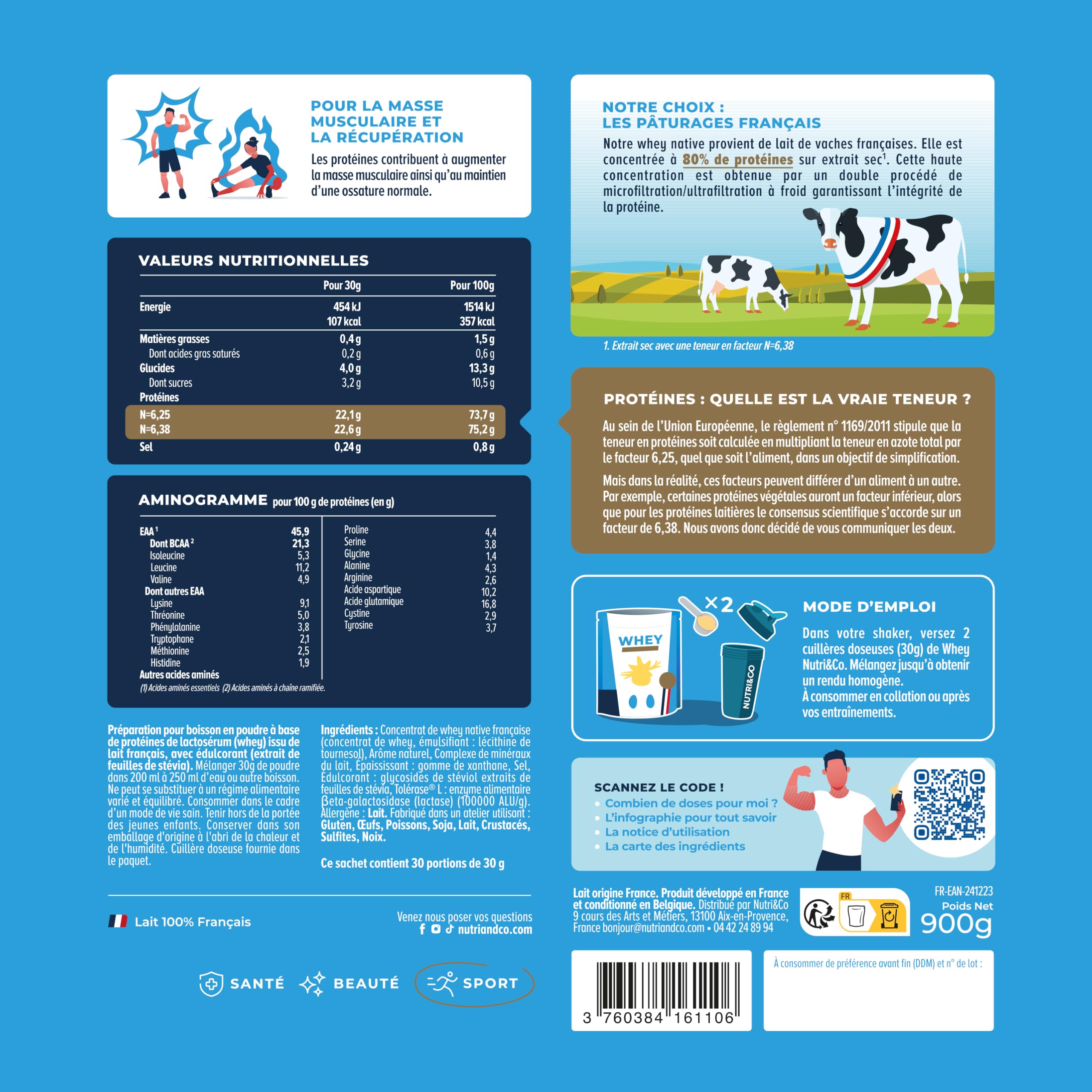 NUTRI & CO Whey Concentrate Native - Jusqu’à 80% de Protéines - Pur Lait Français Low Lactose Digestion Facile - Riche en BCAA - Prise de Masse & Musculation - 900g 30 portions goût Vanille