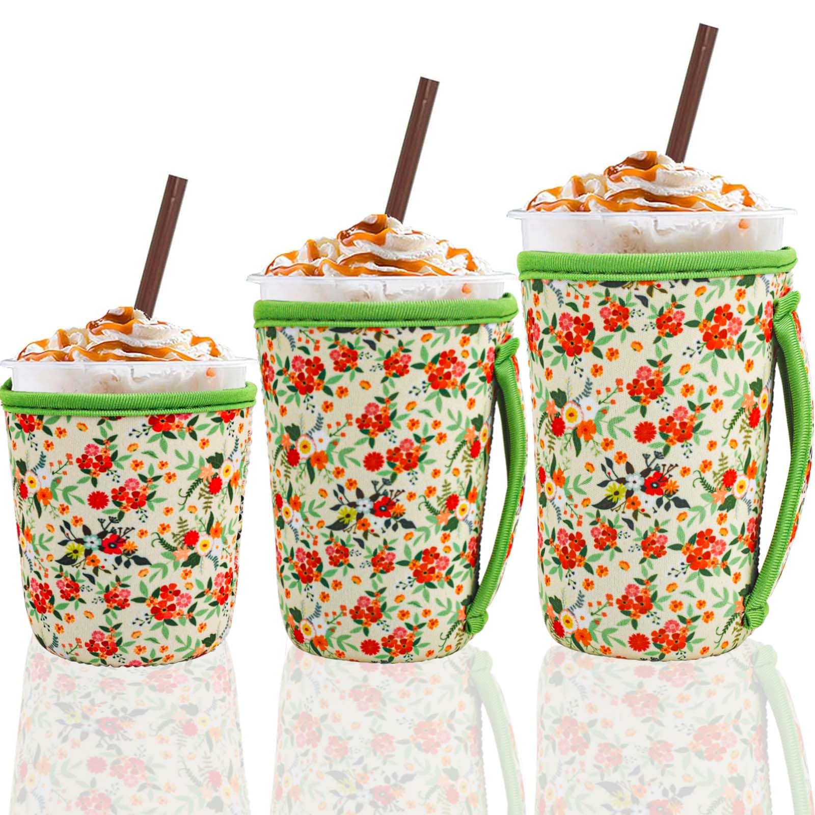 3 Pack Reusable Iced Coffee Sleeves for 16-32 ounces of hot or cold coffee or iced beverages Reusable Neoprene Insulated Sleeves for Hot and Cold Drinks from Starbucks, Dunkin, And More (Green Floral)