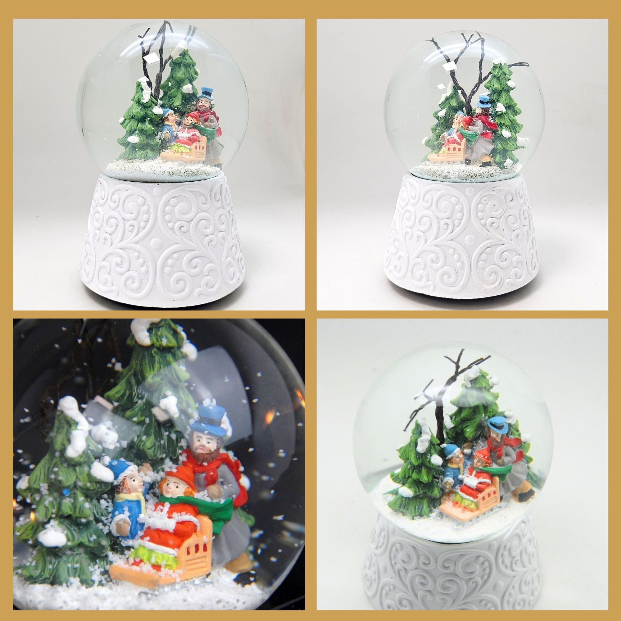 Schneekugel Weihnachten mit Musik | Winterspaziergang mit Familie | Sockel weiß Nostalgie | H: 14cm B: 10 cm | Schüttelkugel Weihnachten Winter mit Spieluhr | 20150