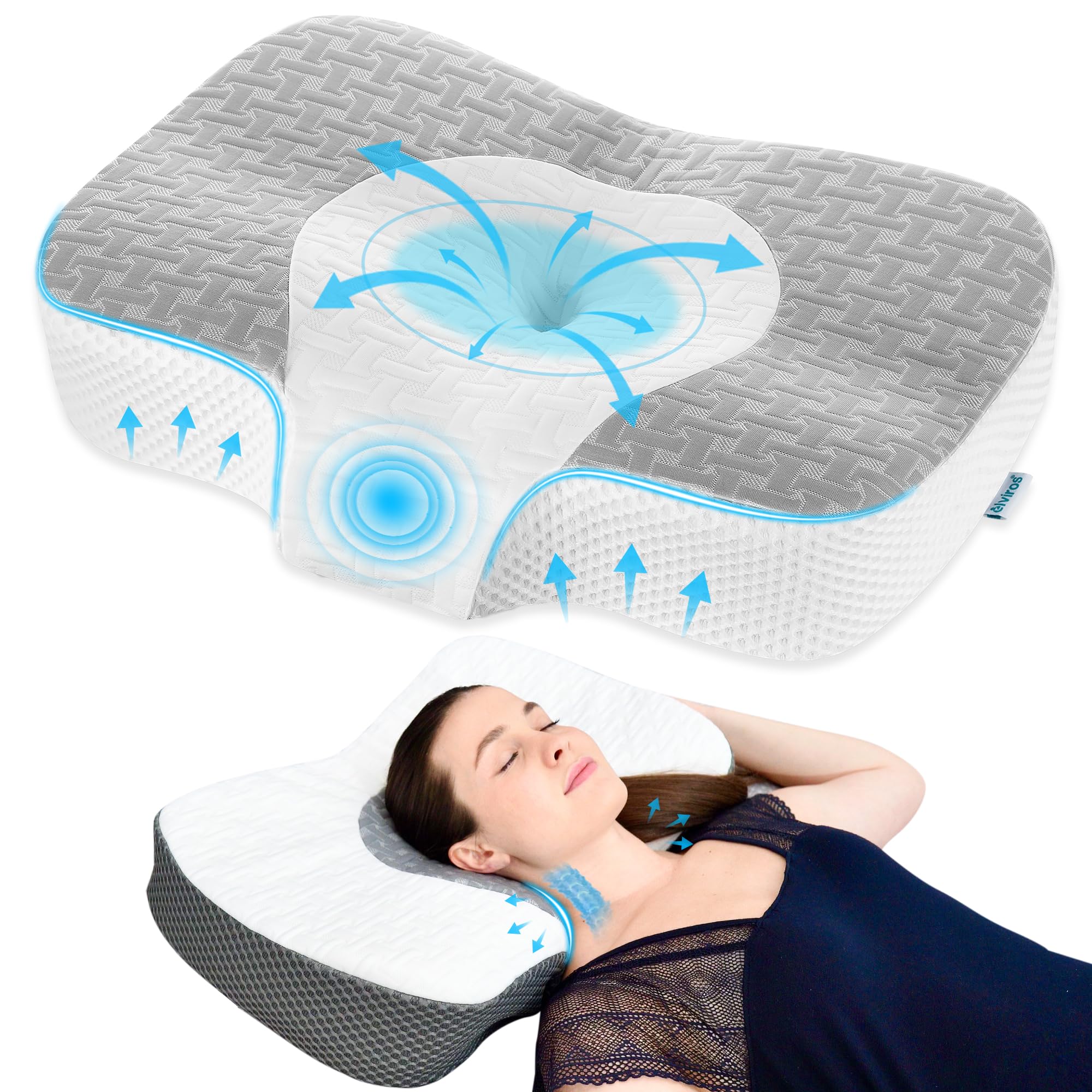 Elviros Cervical Neck Pillow for Neck and Shoulder Relief, Ergonomic Memory Foam Pillow for Side, Back and Stomach Sleepers, Adjustable Height Bed Pillow for Sleeping, Grey
