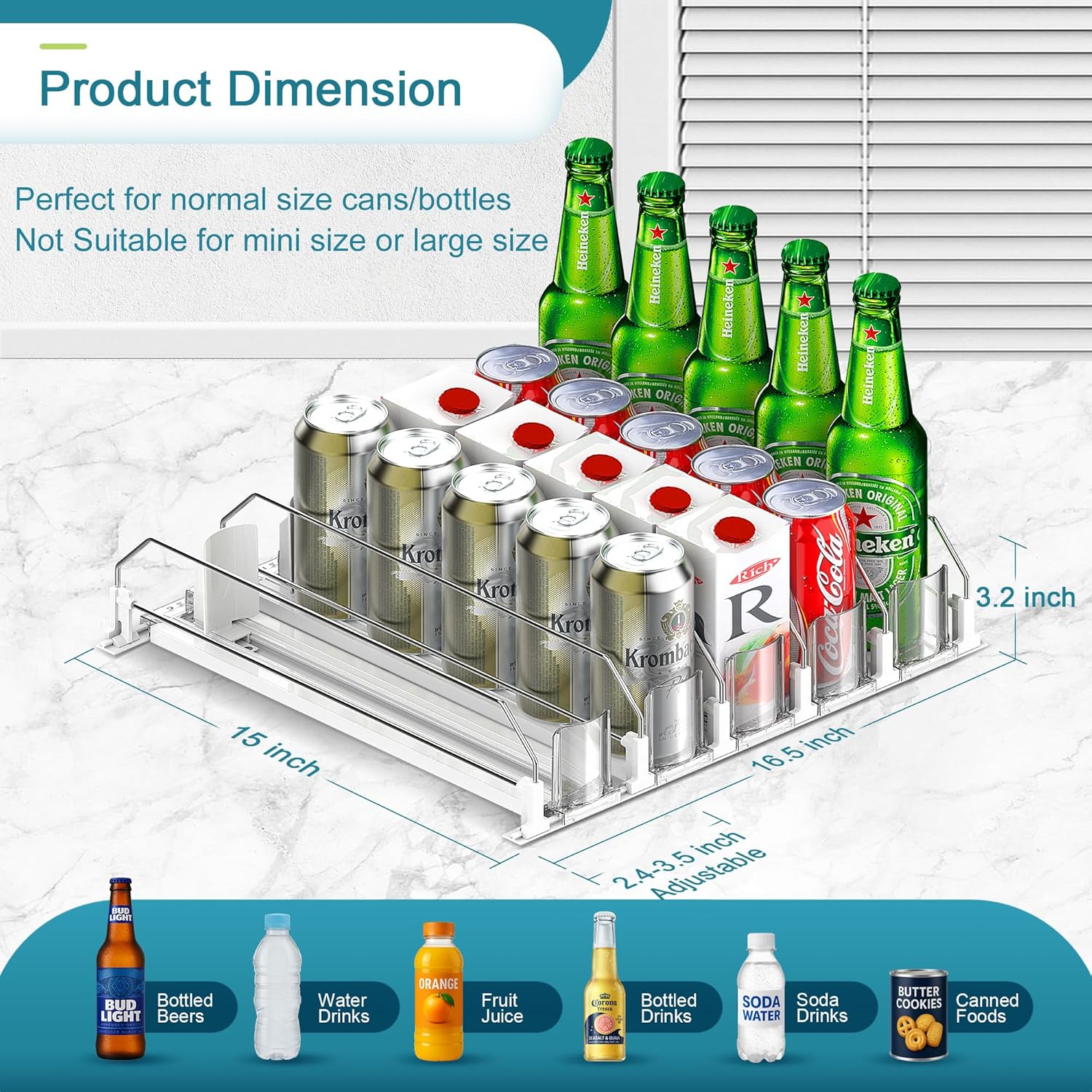 Upgraded Drink Organizer for Fridge, Space-Saving Fridge Drink Organizer, Automatic Pusher Glide and Adjustable Width Drink Dispenser for Fridge - Holds Up to 25 Cans (5 Rows White) - Image 4