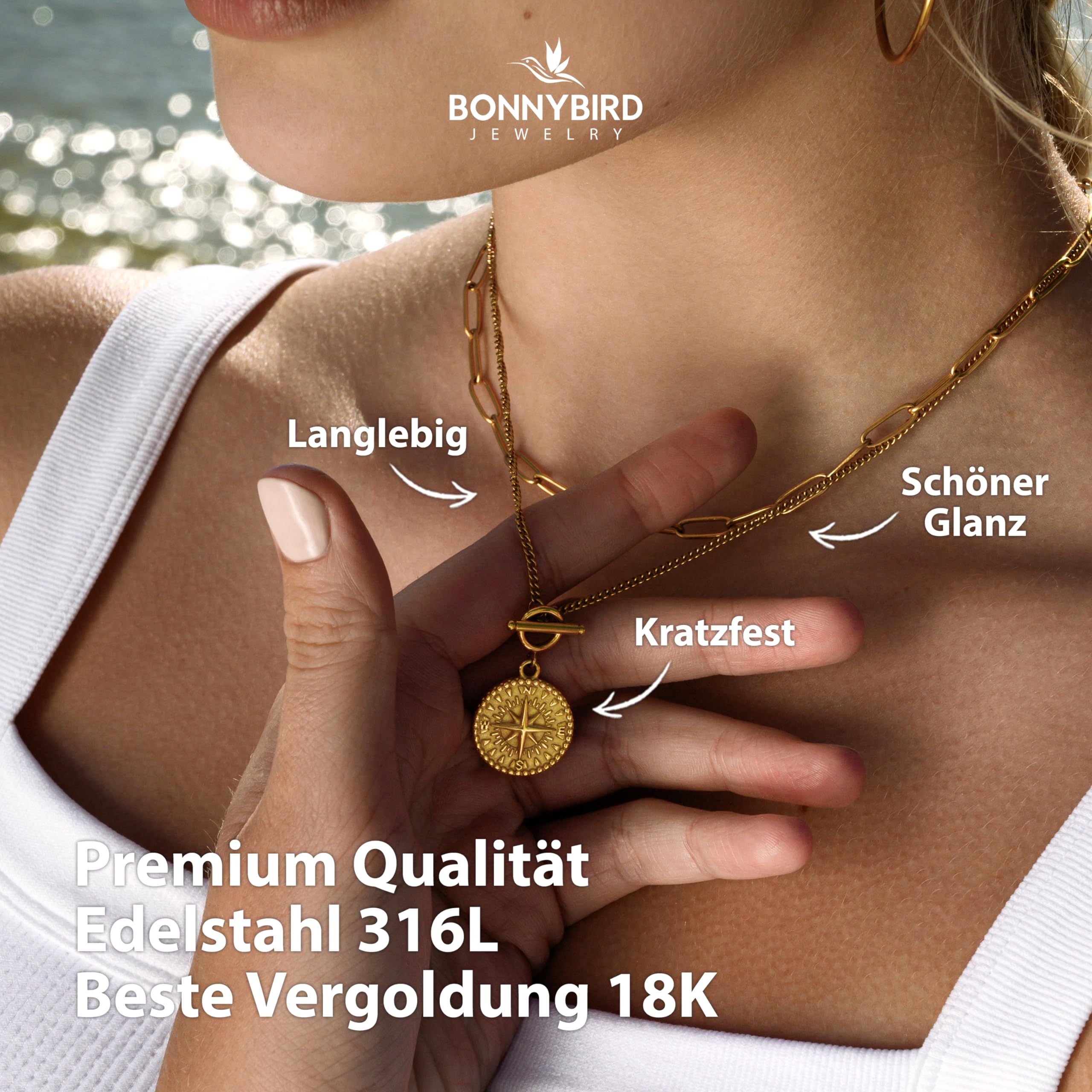 BONNYBIRD® Wasserfeste Edelstahl Kompass Kette Damen in Silber, Gold & Roségold, Premium Halskette Damen mit Kompass Anhänger, 100% Wasserfest & Hautverträglich BonnyCompass