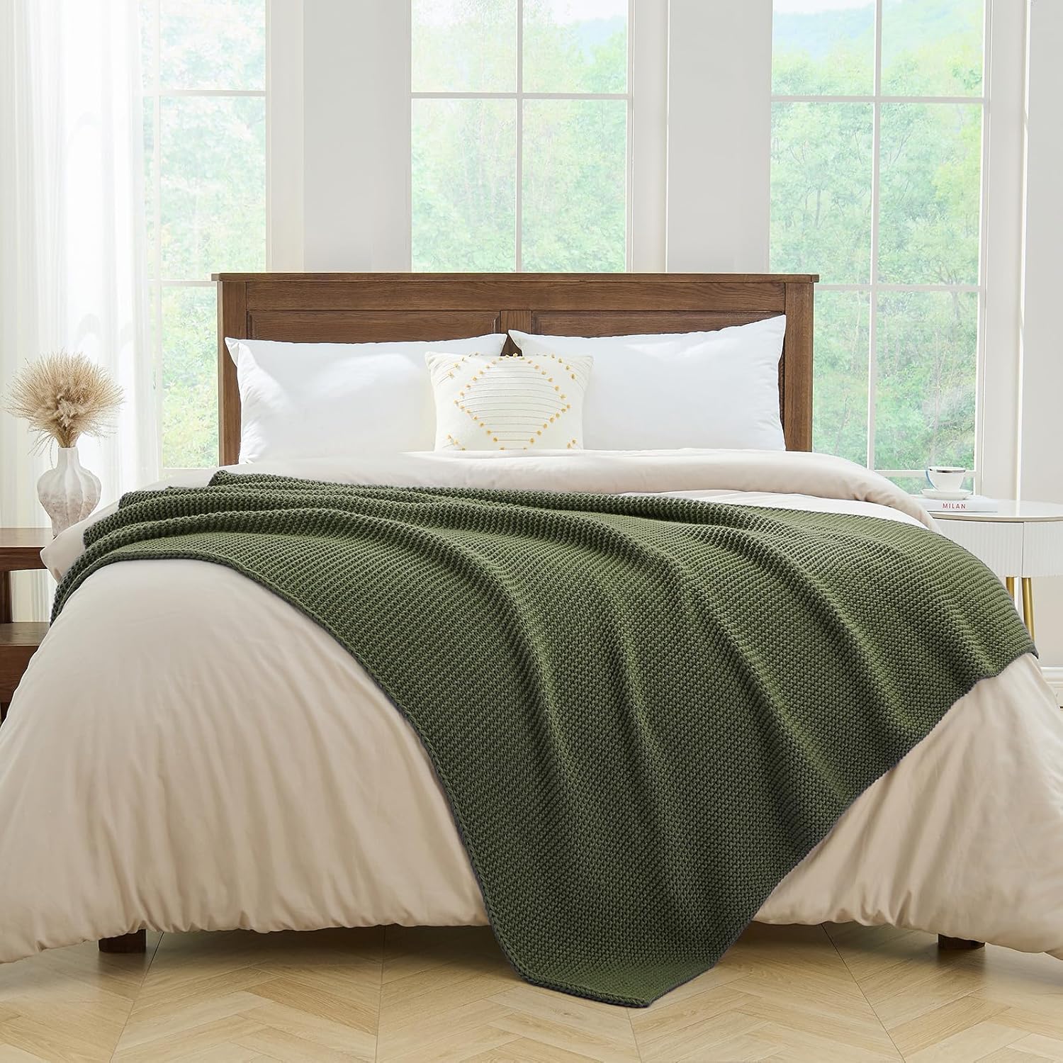 Olive Green Throw Blanket, Olive Cable Knit Throw Blanket for Couch, Soft Cozy Stretchy Reversible Garter Knitted Blankets for Bed, 60"x80", Olive Green - Image 4