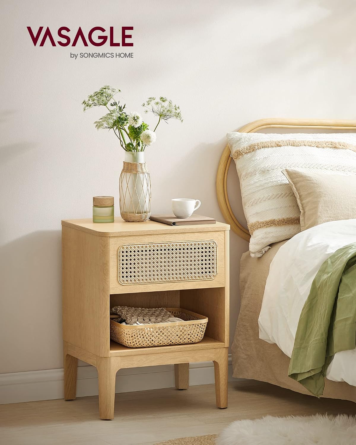 Diagram showing the dimensions of the VASAGLE Rattan Nightstand and its drawer, including weight capacities.
