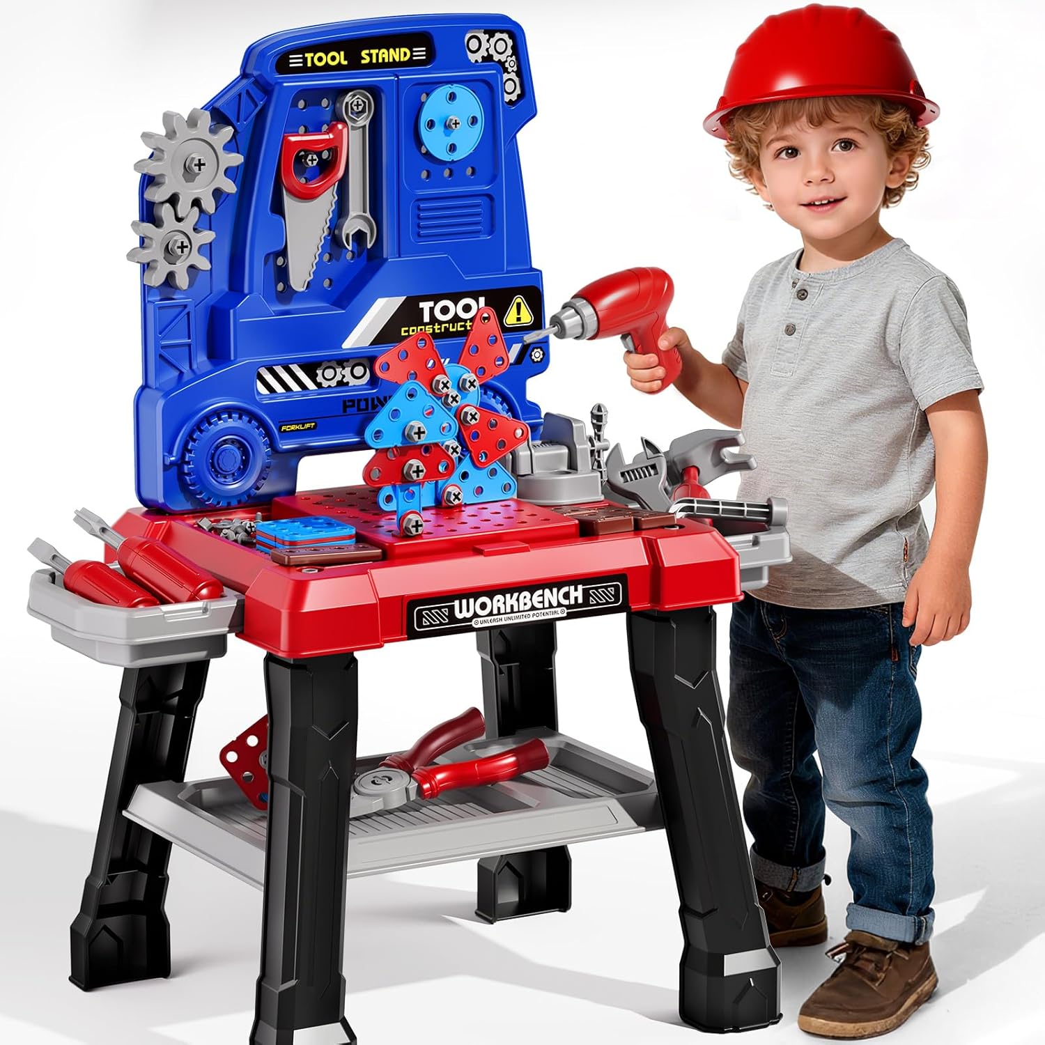 Kids Tool Bench Set, 142Pcs Toddler Tool Toy Playset with Electric Drill & Realistic Tools, STEM Building Pretend Play Construction Toys for Boys, Toddlers Toys Gifts for Ages 3 4 5 6 7 Year Olds