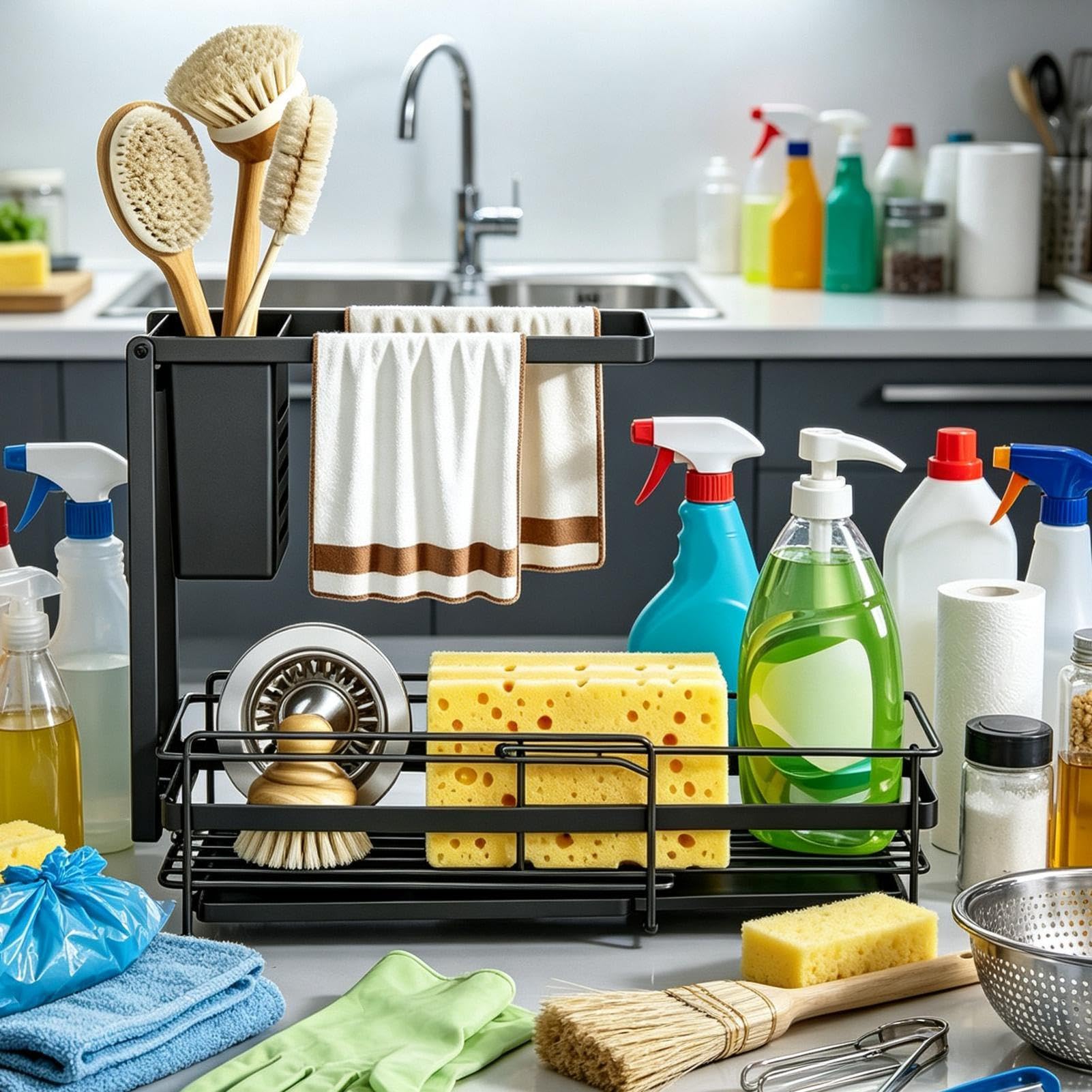 Égouttoir d'évier de cuisine Pliable extensible avec porte-serviette et